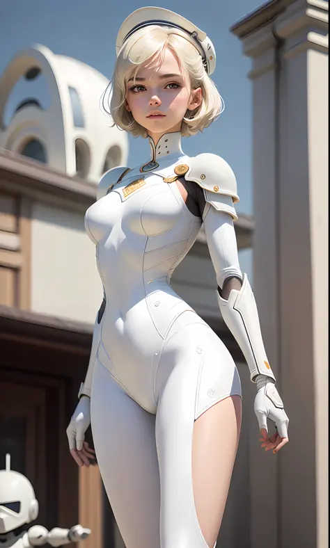 18 year old girl, white suit, short and uncut hair, blonde, beautiful face, rain, roof, masterpiece, intricate details, perfect anatomy, white helmet with white hair, arm and white, little mask, bevel cavitation, beggining cloud,rush vush brush, all body c...