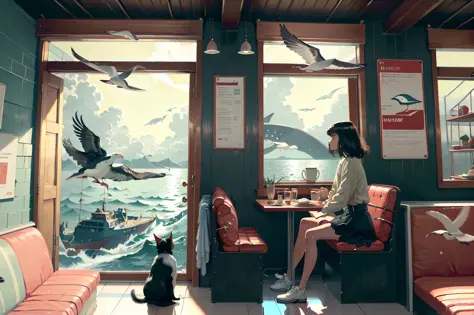 ((1girl)), cat,
surreal, coffee shop, fantasy, dreamy,  sea, seagull, flying whale, flying elephant, flying eagles,