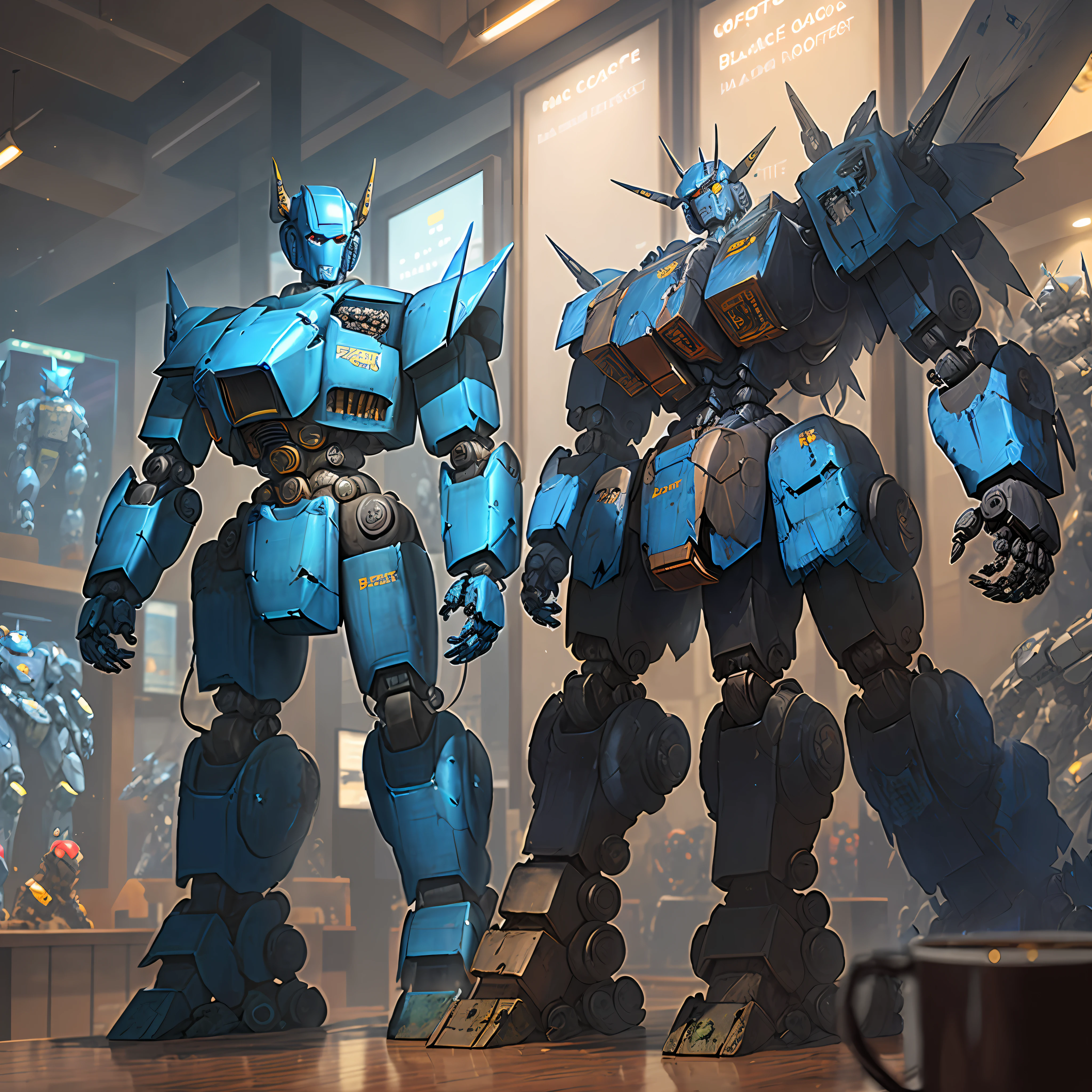 (black coffee:1.2), next to a (mecha robot:1.5).