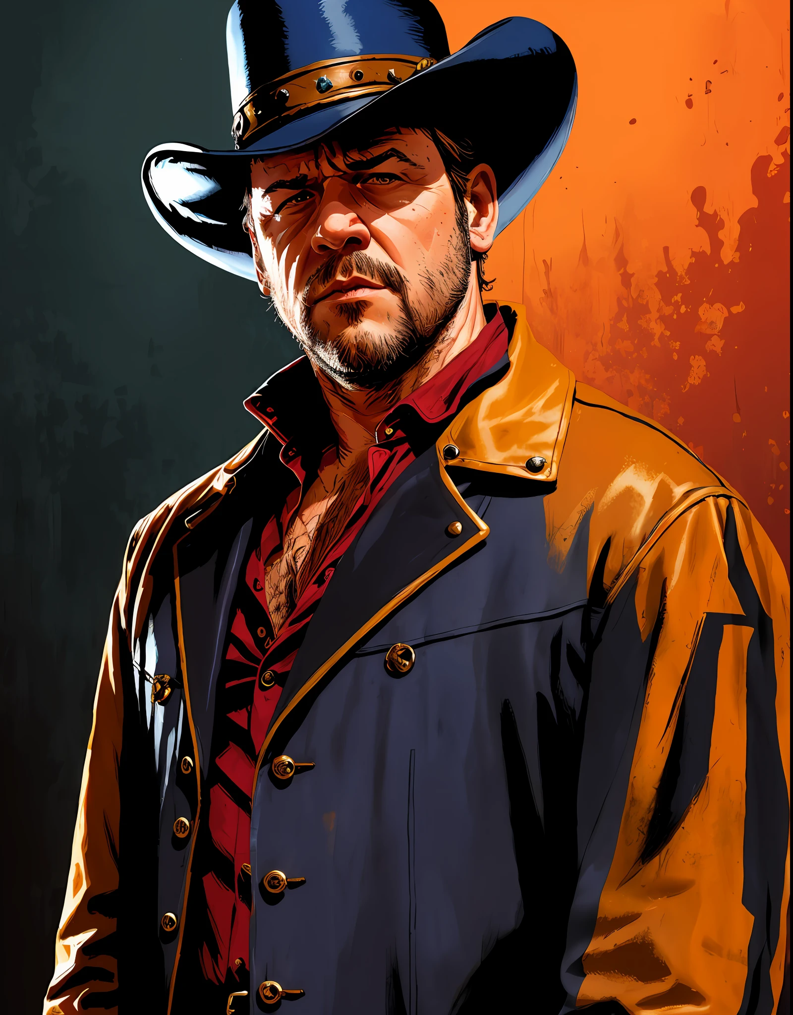 Style R3DD34D, portrait numérique, Russel Crowe, triste, chapeau de cowboy, veste en cuir noir, t-shirt bleu, ciel rouge,