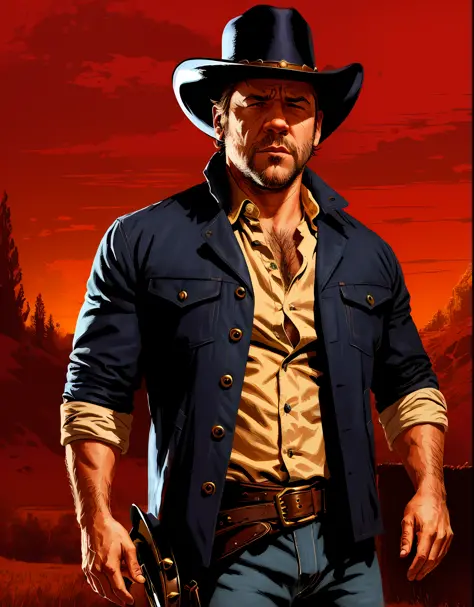 R3DD34Dstyle, retrato digital, Russel crowe, triste, cowboy hat, jaqueta de couro preta, camisa azul, red sky,