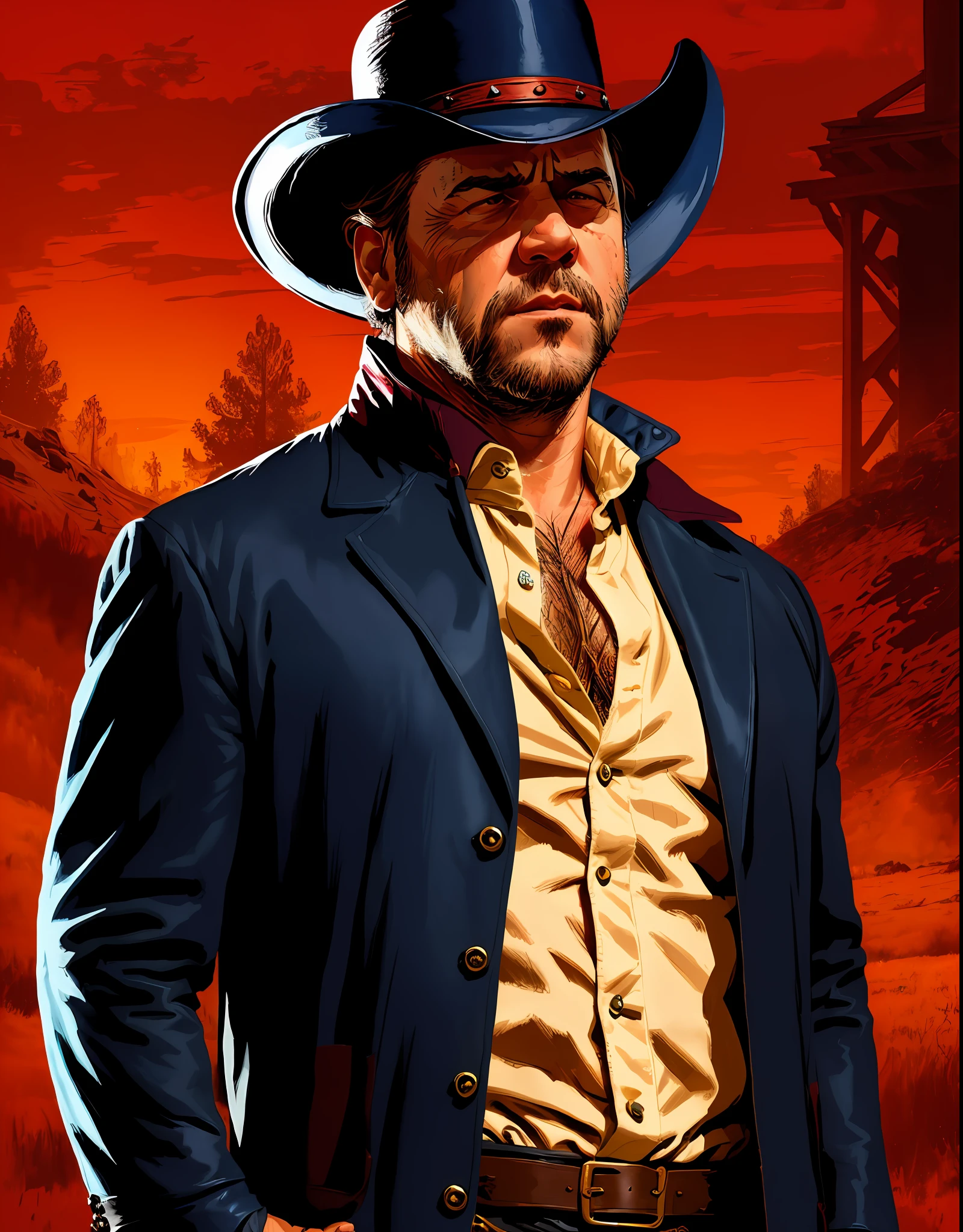 Style R3DD34D, portrait numérique, Russel Crowe, triste, chapeau de cowboy, veste en cuir noir, t-shirt bleu, ciel rouge,