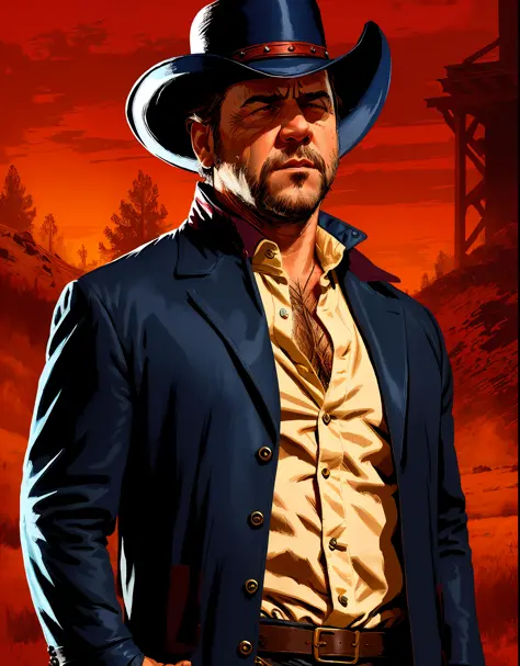 r3dd34dstyle, retrato digital, russel crowe, triste, cowboy hat, jaqueta de couro preta, camisa azul, red sky,