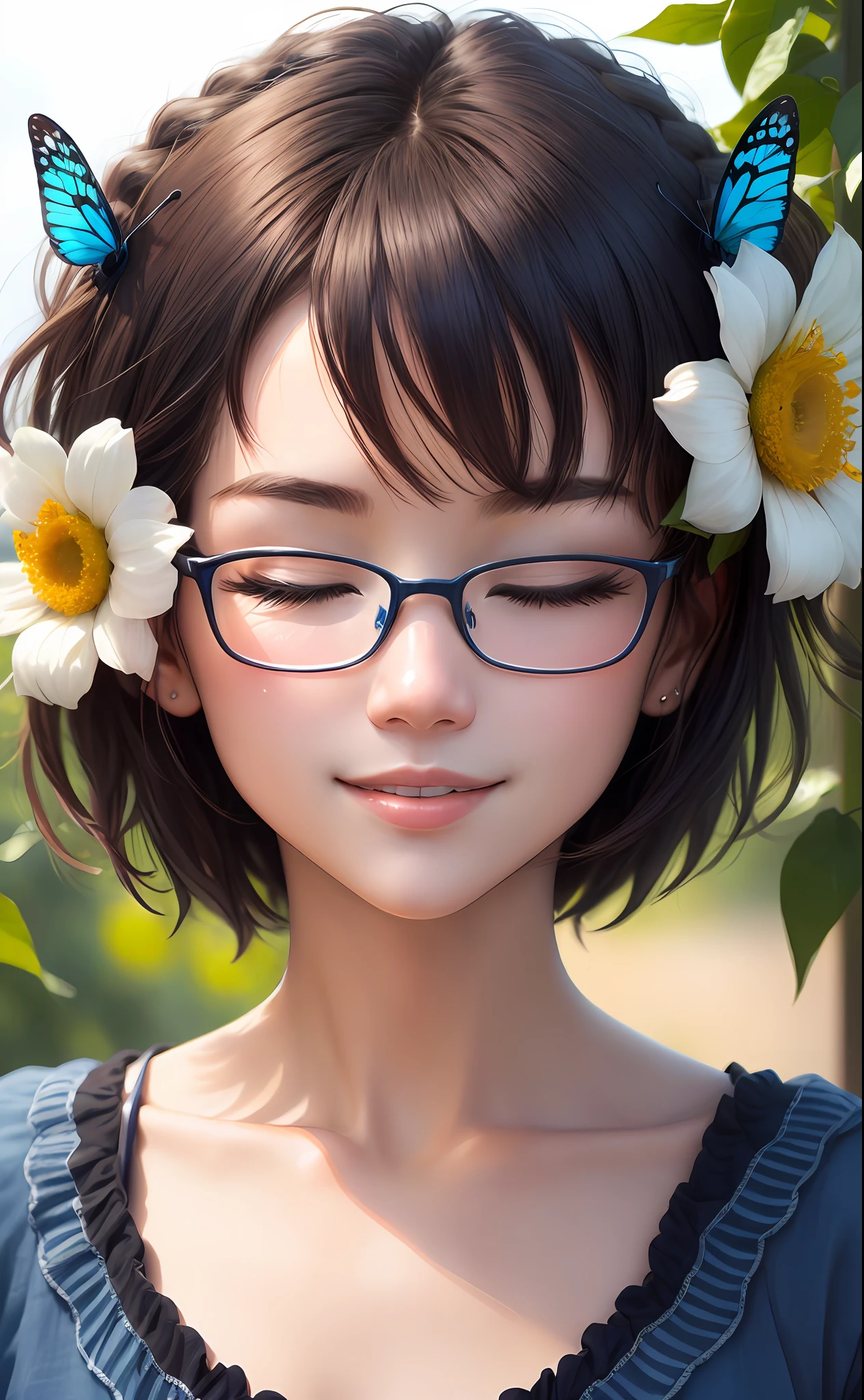 （Highresolution，High illumination，4K），Blue-framed glasses，Long face，1boys，the face，Detailed face，blueeyes，Flower Garden，Very short hair，She has a butterfly on her head，close up face，The sun at noon，Smileing，:)，looking at viewers，Close range - intensity，Blue shirt，Eyes half-closed，