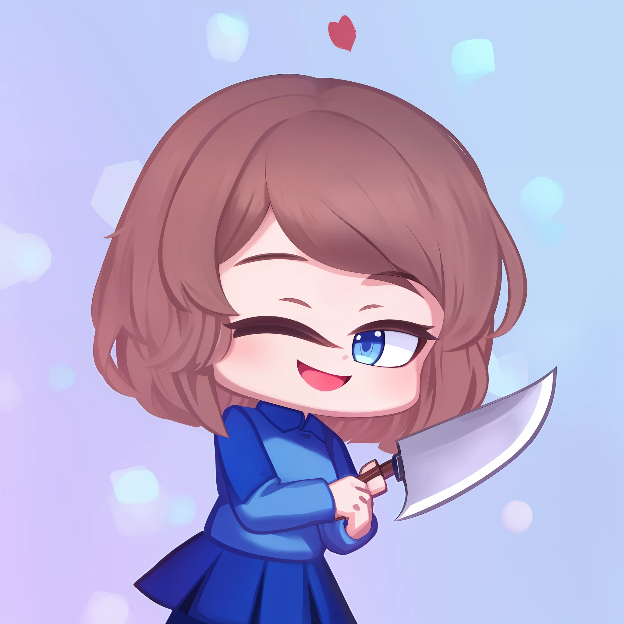 1girl, brown hair, blue eyes, blue clothes, holding knife, smiling, winking, yandere