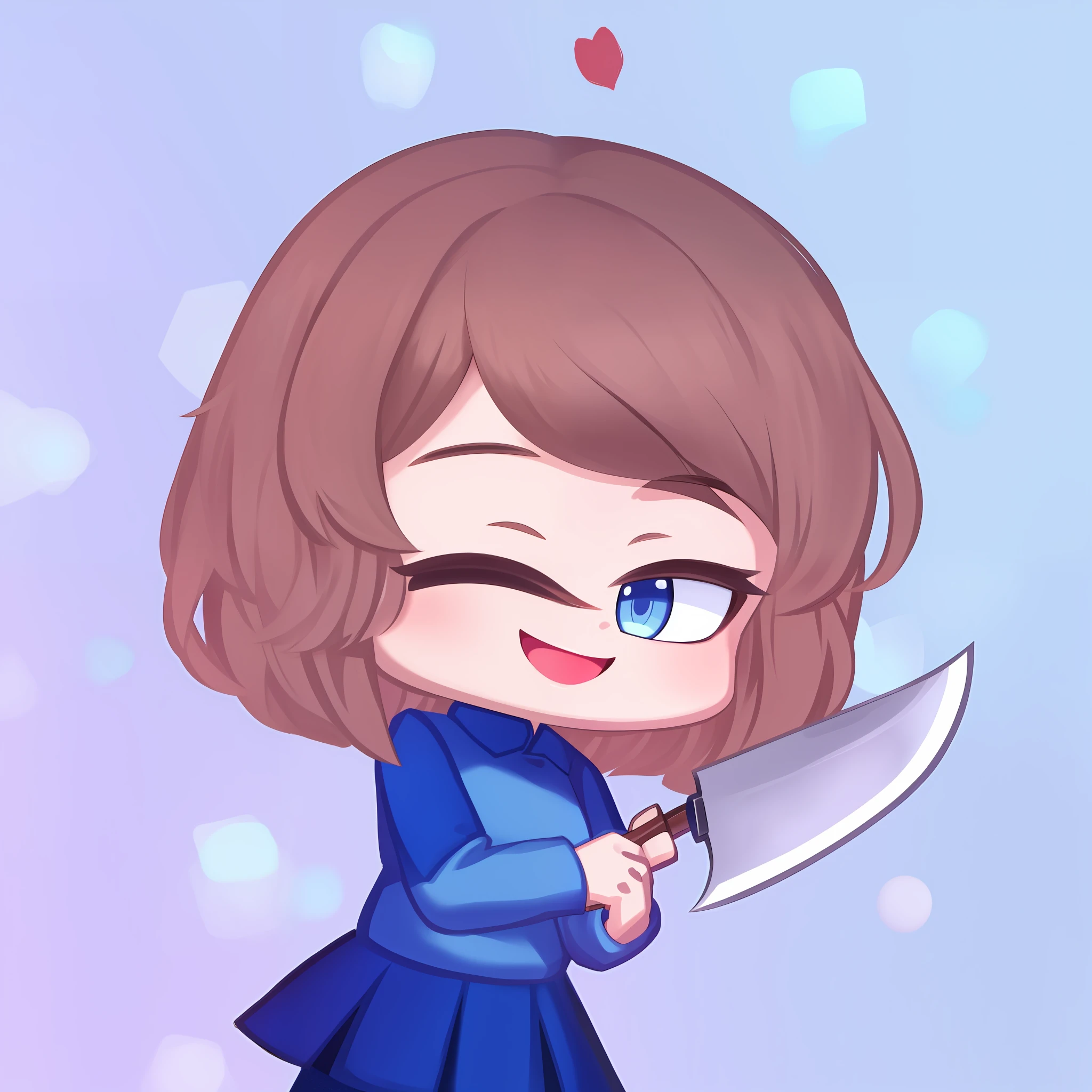 1 chica, Pelo castaño, blue eyes, ropa azul, sosteniendo el cuchillo, sonriente, parpadeo, yandere