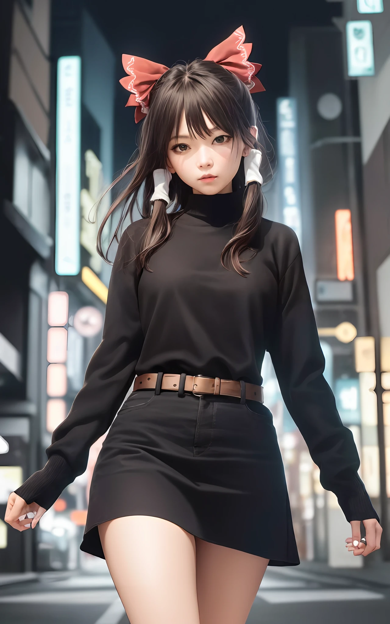 (masterpiece, best quality, ultra-detailed, highres:1.2), cinematic, cgi, photorealistic, 
1girl, pretty, idol, (Hakurei Reimu:1.25), blush, natural skin texture, brown eyes, 
intricate eyes, heavy eye makeup, posture, fighting, danmaku, magic, stylish clothes, dress, 
highly detailed background, cyberpunk, city, street, night, stars, modern, futuristic, neon lights,