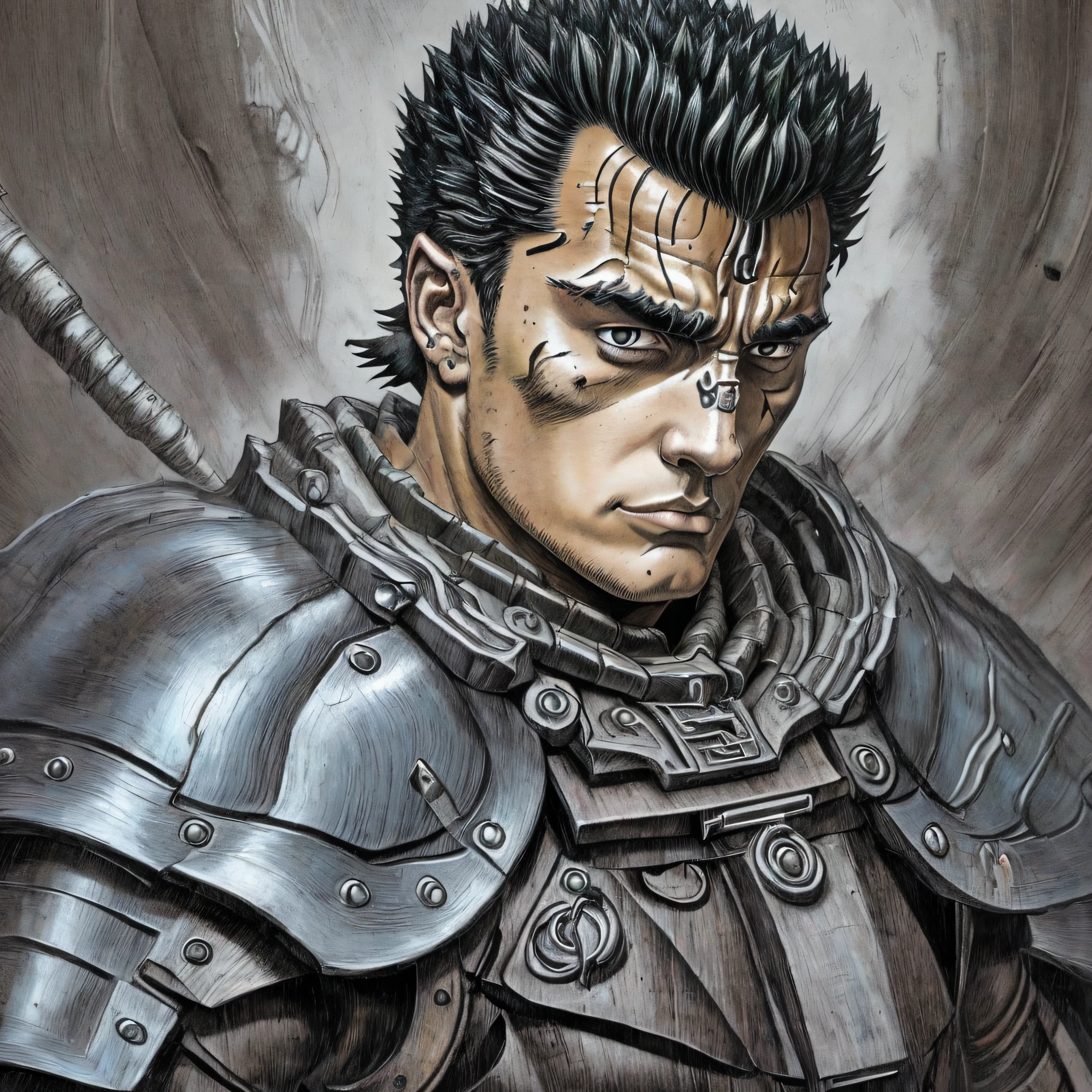 retrato de \(guts de berserk\), Obra maestra, La mejor calidad, One Boy, cabello negro, pelo corto, musculatura, Cicatrices, Ver visor, Capa negra, Gran espada, Cojinete, Fondo simple, fondo rojo, (primer plano:1.1), (Medios tradicionales), Armadura de hombro,berserk