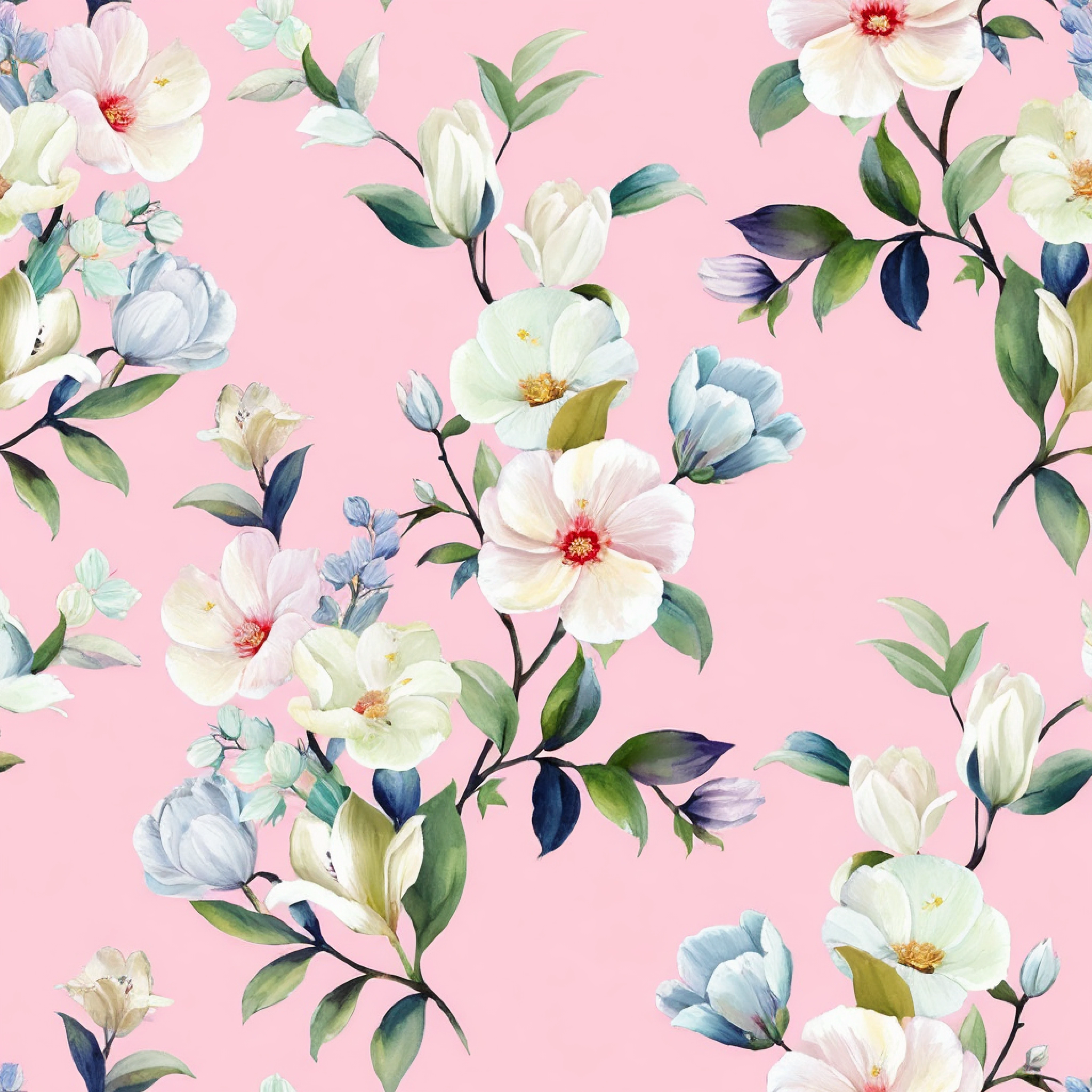 A close up of a pink background with white flowers and leaves - SeaArt AI