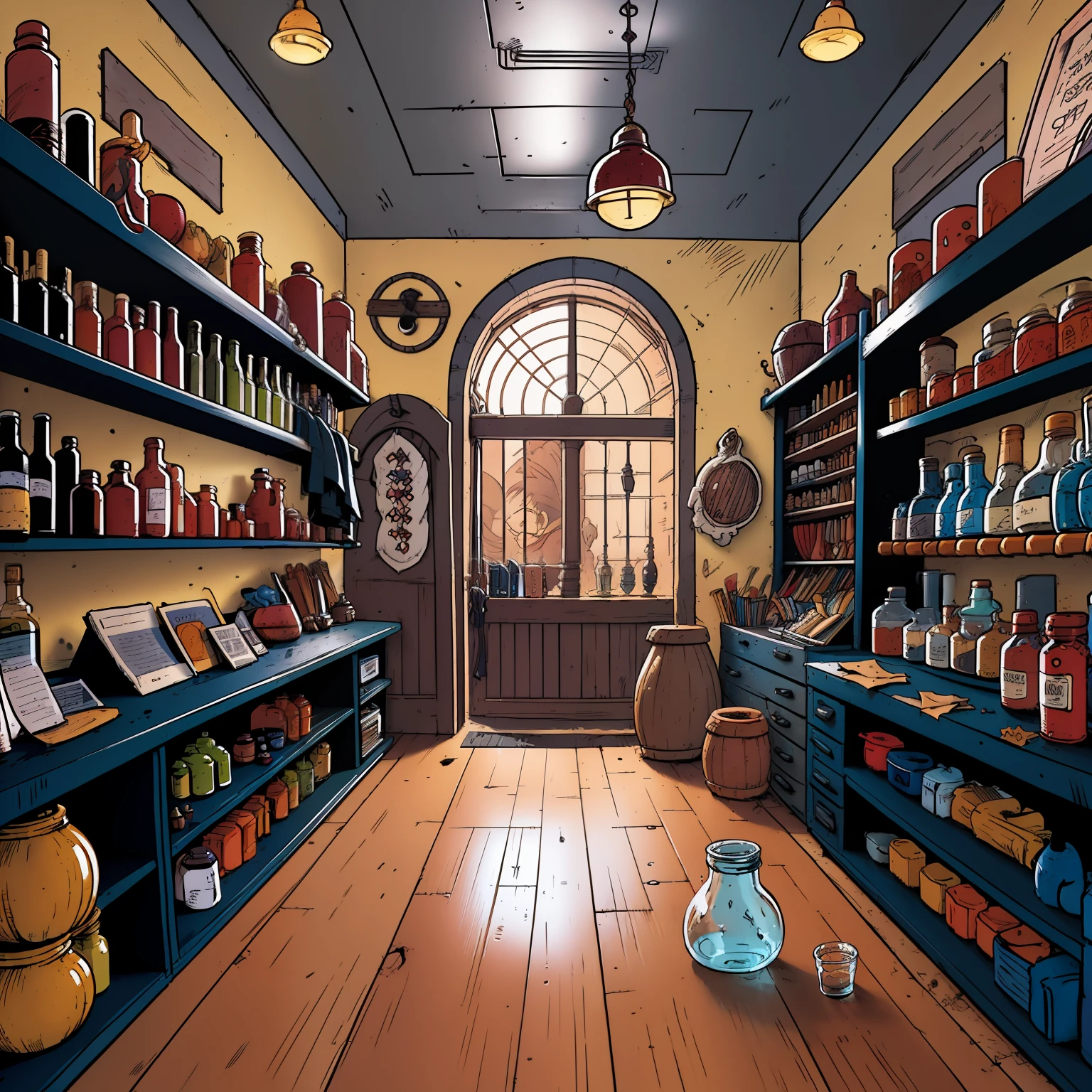 empty potions shop, a table in the middle of the store,medieval style,side angle,sleeved,Akira Toriyama's trait,black andwhite,black and white tone,arte linear,sleeved panel