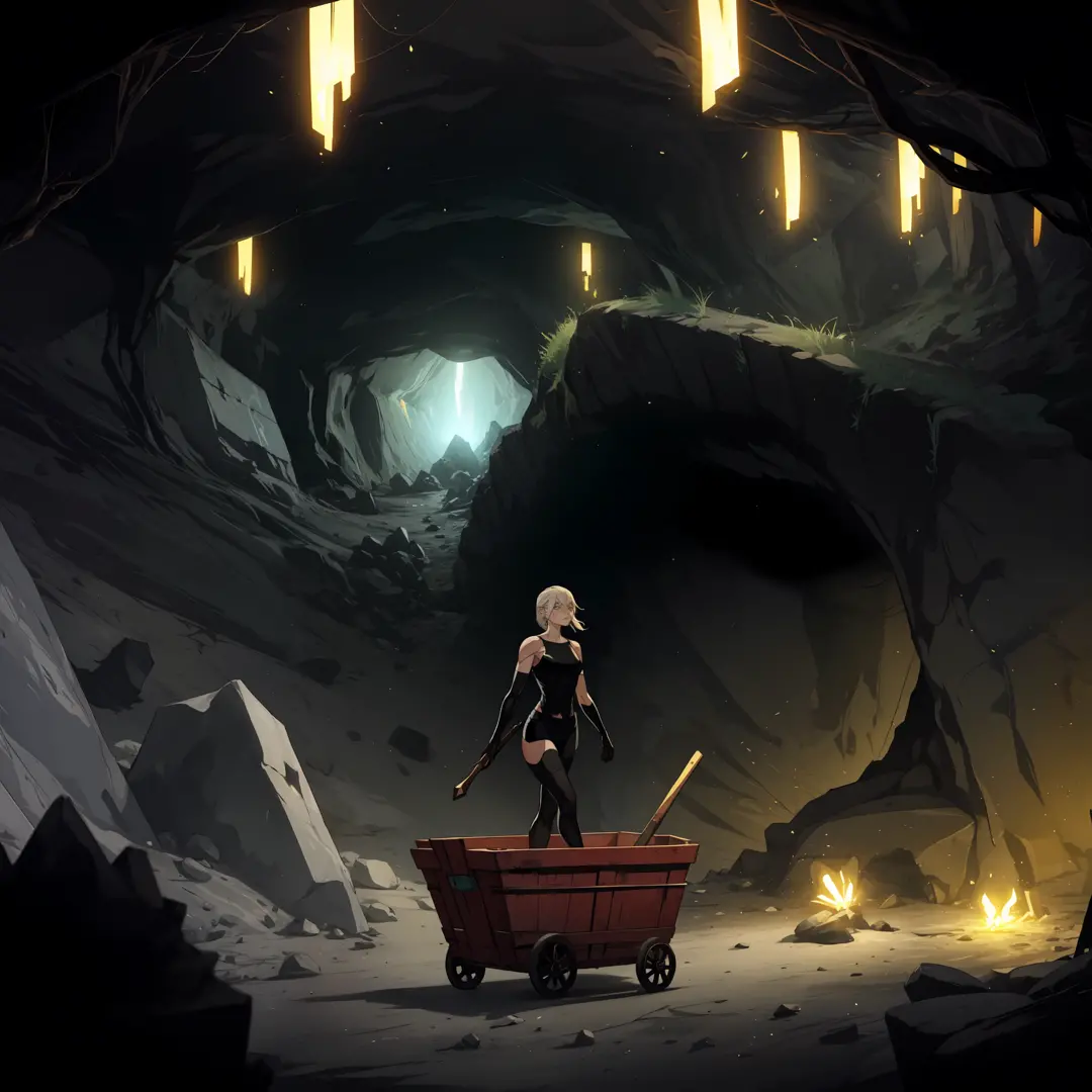 Crie uma obra de arte que retrate ((a Mining)) in action, exploring the dark depths of an underground cave. A personagem deve se...