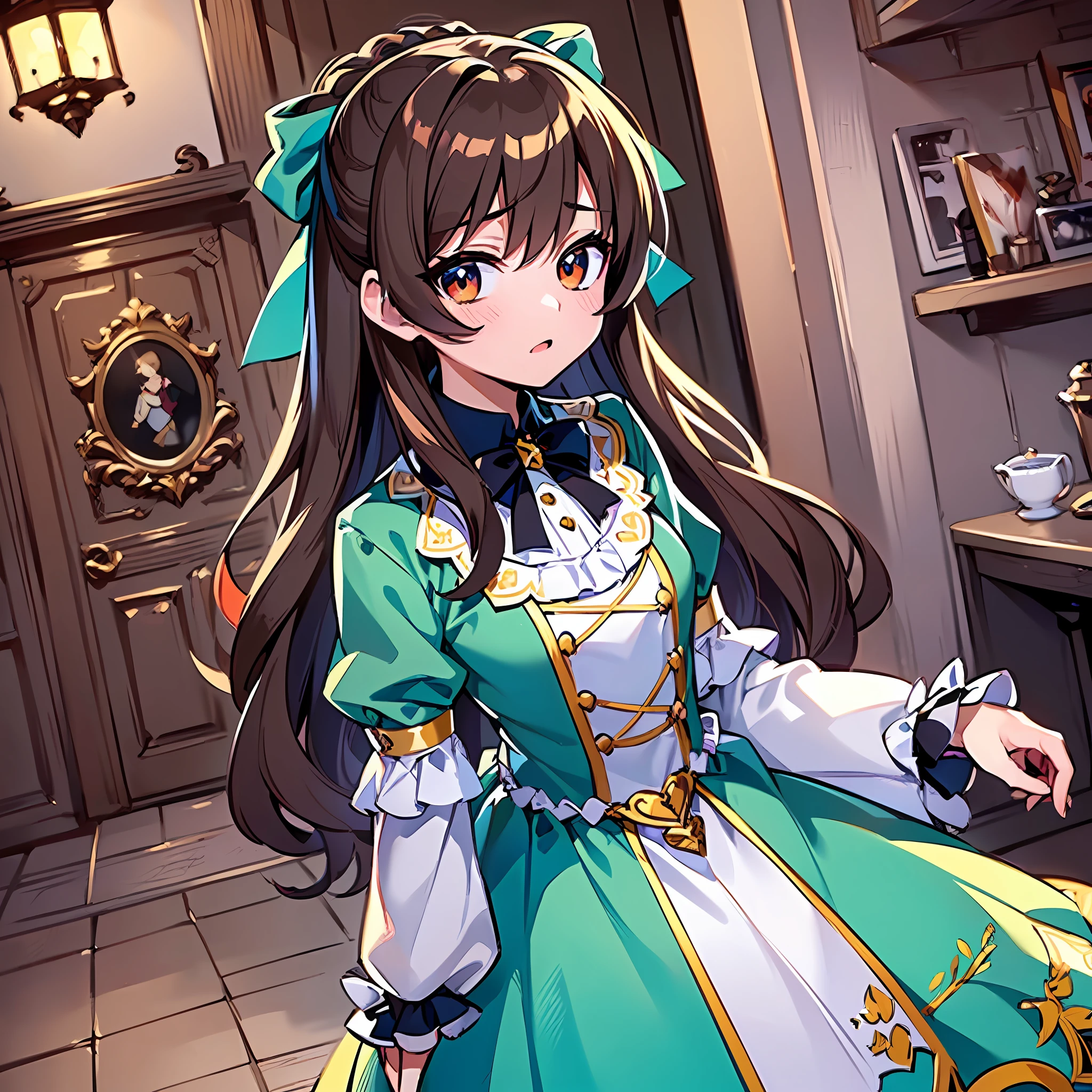 (Anime style: 1.5), (2D Illustration, 8K CG: 1.3), ((lolita, 13yo)), ((a Little Cute princess standing)),((is wearing traditional Frence royal traditional dress)),(Brown hair), (Small breasts), Cowboy Shot, Simple background ,beautiful gradient, high picture quality, High resolution, Perfect Anatomy, (超detailded), (Masterpiece), (Colorful)