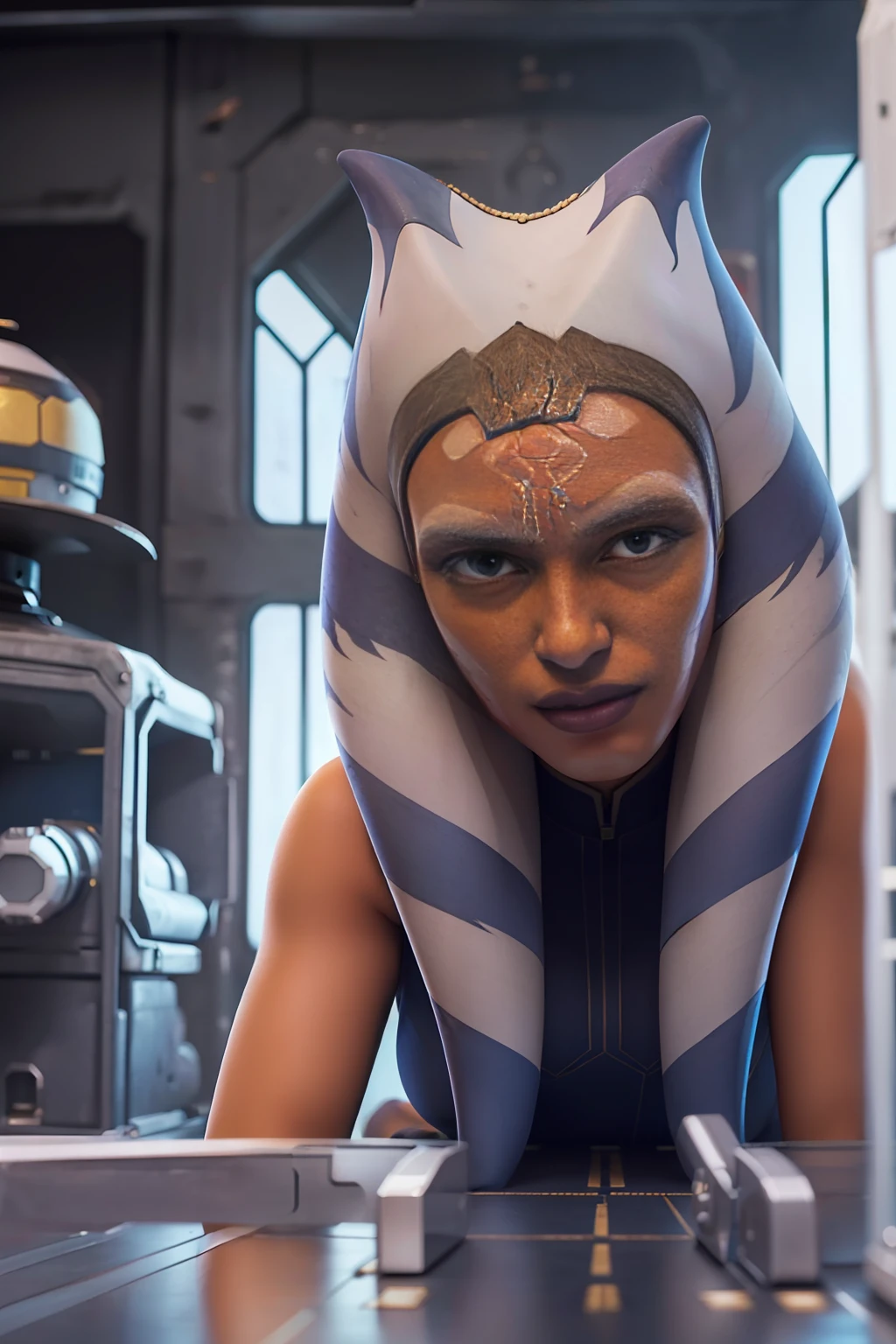 Ahsoka Tano, (fotorrealisitic, Highresolution: 1.4), ((Swollen Eyes)), gazing at viewer, , fully body (8K, Foto RAW, best qualityer, Masterpiece artwork: 1.2), (realisitic, realisitic: 1.37), (sharp-focus: 1.2), Professional  lighting, photon mapping, radiosity, physics-based render, (orange fur: 1.2), (breasts small: 1.2), gazing at viewer, portraite, blue colored eyes, (background inside spacecraft: 1.4),  soli, upperbody, realisitic, (Masterpiece artwork: 1.4), (best qualityer: 1.4), (shining skin), serious (Scrawny, cloused mouth, focused: 1.3), (On her feet: 1.1), medium bust, struggling pose,