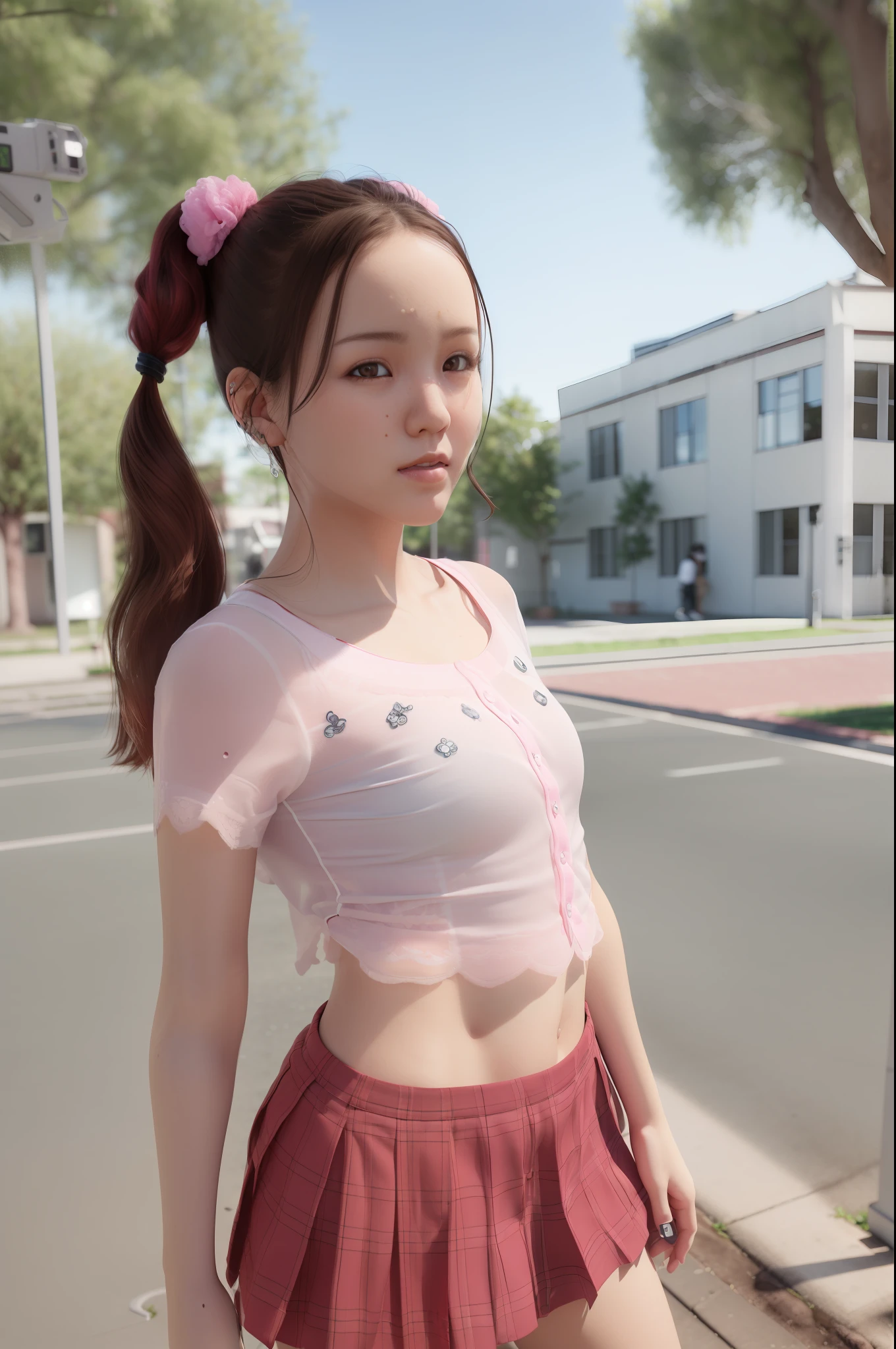 (8k, 3d), (ultra-detailed), beautiful and detailed face, ((ultra skin details)), ((school uniform)), pink lovely panties, smirk, red hair, short low ponytail, (film grain), outdoors, cowboy shot,streets, blue sky, bare shoulders, collarbone, (strong rim light, subsurface scattering), partially clothed, (photorealistic:1.2), real