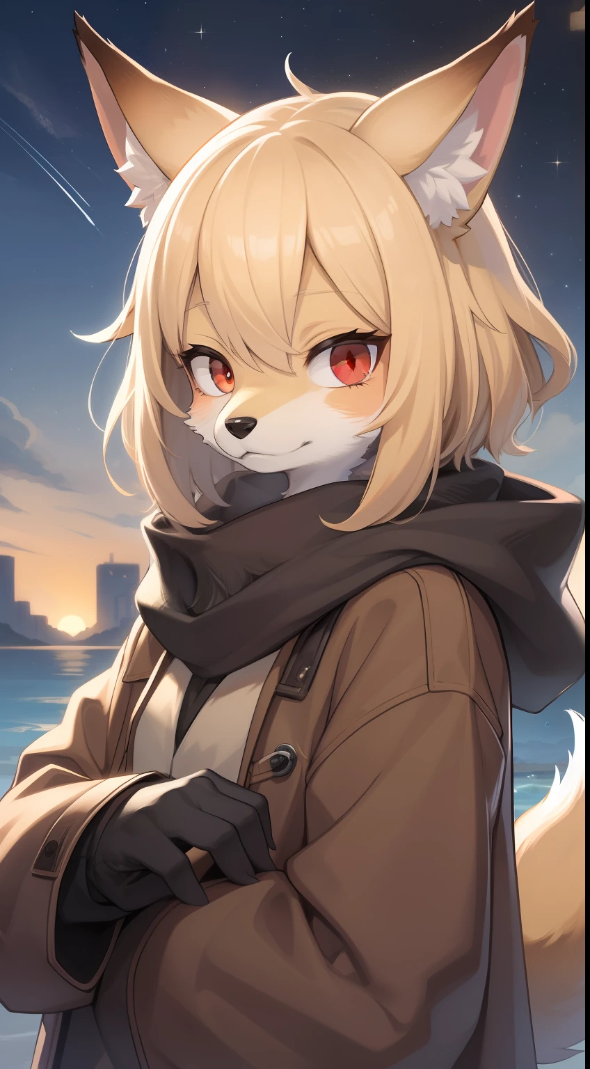 Fox Boy，Boy，was hairy，shaggy，Smoothes lashes，Skin fur，Golden fur，Short hair in men，Forelimb hands， solid circle eyes，Golden ears，Golden face fur , Short blonde hair，Red eyes，Super cute face，Brown elements on fur，Brown coat brown hood up，Ambient light，Ultra-fine fur，volumettic light，Night,natural day light，fox tails，Fluffy tail，furries wearing tails，Big tail，nevando，Night，A sky full of stars，seawall，crossed bangs, hair strand, Shiny hair，Empty eyes，35mm，sharp talons。High quality, high detailled, Best quality, Ultra HDR， Dark brown gloves，Red diamond scarf，独奏