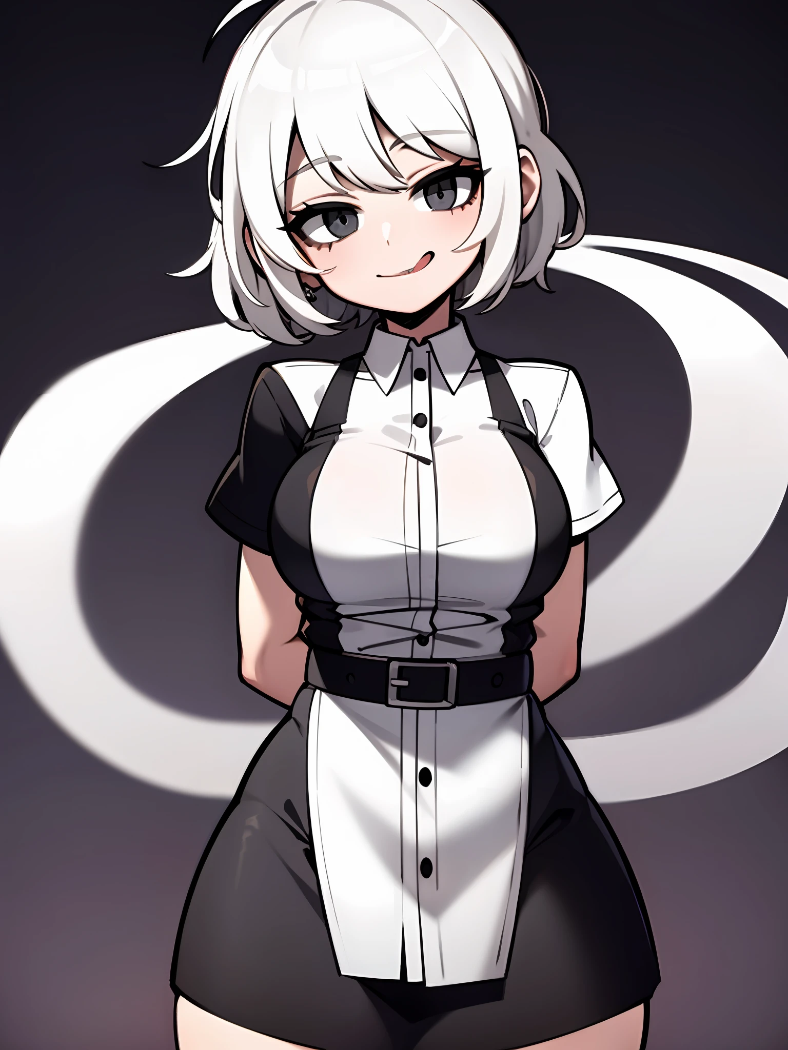 ((masterpiece, best quality)), (1girl), (solo), (female focus), (ahoge, white hair, short hair), black eyes, light smile, tongue out, big breats, big thighs, big ass ((white shirt), (buttoned shirt), (button gap)), ((black skirt), (short skirt)), standing, white background, arms behind back, dynamic angle