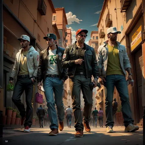 Image of a group of Moroccan men walking down a street in Marrakech, les mains dans les poches, Dressed as Super Mario , 2D Game Art GTA Cover, 2 D Game Art GTA Cover, Style artistique GTA, Grand Theft Auto Style, Style artistique GTA, Style de GTA V, 2D Game Art GTA5 Cover, Affiche du jeu, Style GTA, style of gta v artworks, Couverture GTA, gta loading screen art --auto