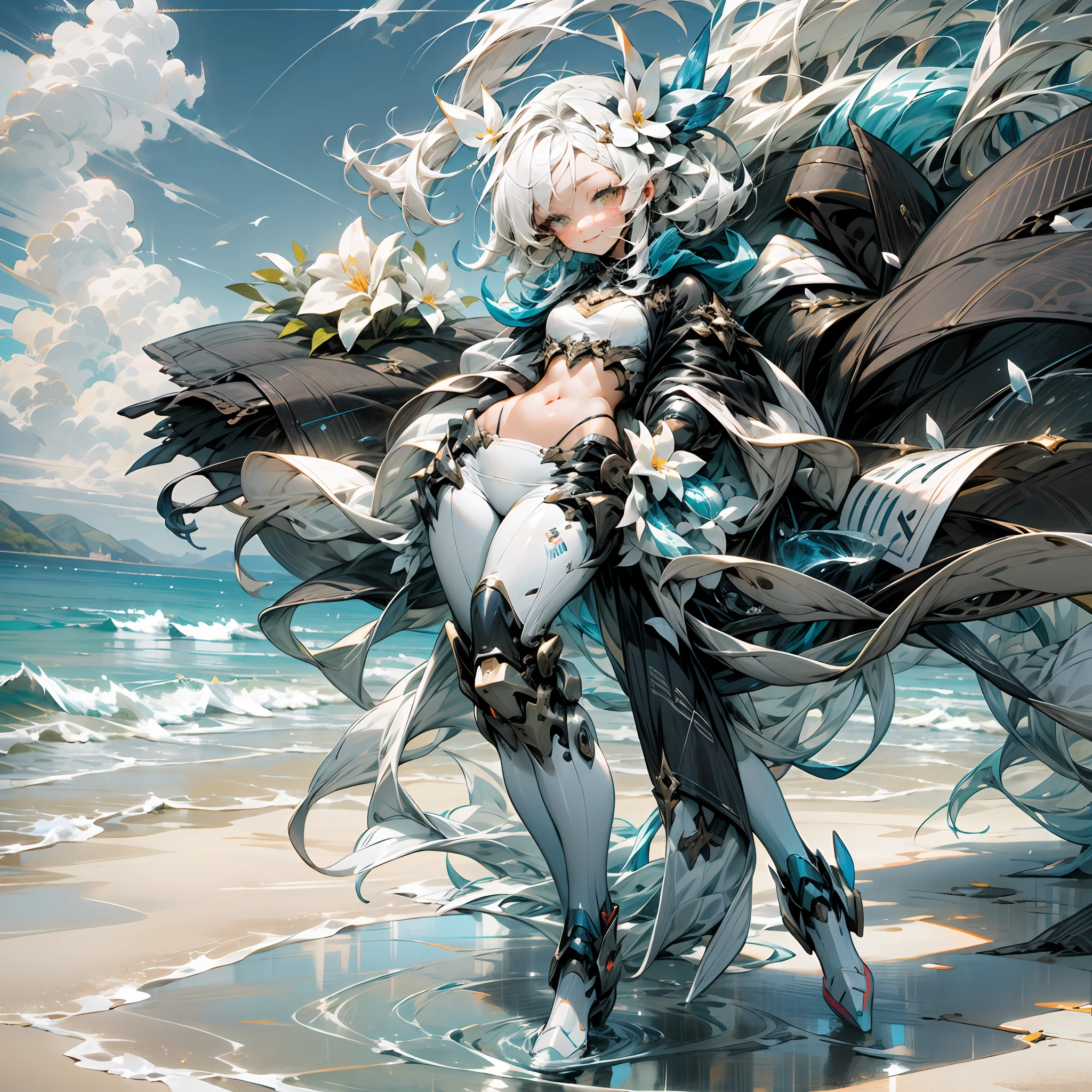 (outstanding, professional, surreal), smile. Full body shot. A female robot is holding a huge bouquet of flowers in both hands in the summer sea under the blue sky of Hawaii. The white metal shell shimmers. Exposing wet cleavage. Water on the body. You will see an impressive teenage girl. With white hair, she wears a white bikini and tight-fitting white bikini pants, emphasizing her perfect figure. The bikini texture contrasts with the metallic texture of the robot, showing a unique visual effect. SF。 Cyber. The girl's firm and detailed beautiful delicate eyes indicate that she is fearless (the girl is in good shape, showing a navel, medium chest, clear facial details)