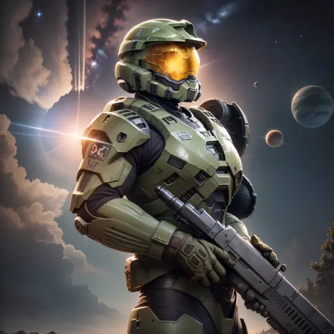 (8k, best quality, masterpiece:1.2), (realistic, photo-realistic:1.5), Halo, Master Chief, solo, A giant planet setting over the...