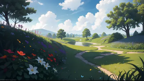 Realistic, authentic, beautiful and amazing landscape oil painting Studio Ghibli Hayao Miyazaki&#39;s petal grassland with blue sky and white clouds --v6