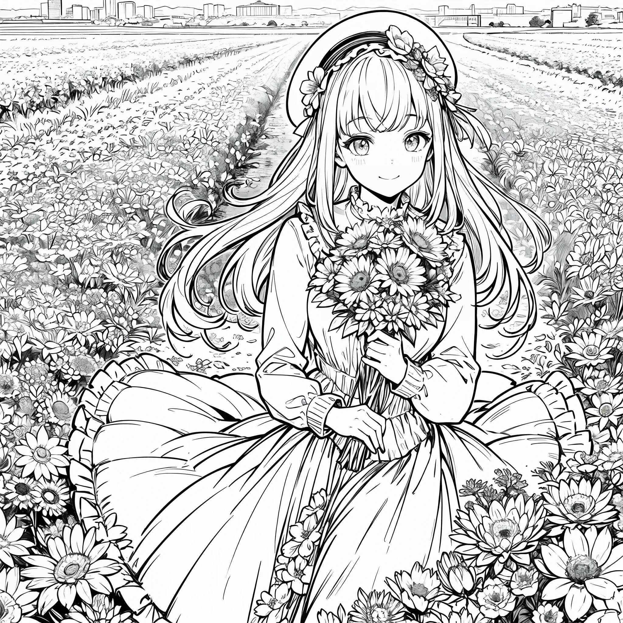 masterpiece, best quality, 1girl, solo, long_hair, looking_at_viewer, smile, bangs, skirt, shirt, long_sleeves, hat, dress, bow, holding, closed_mouth, flower, frills, hair_flower, petals, bouquet, holding_flower, center_frills, bonnet, holding_bouquet, flower field, flower field, lineart, monochrome,