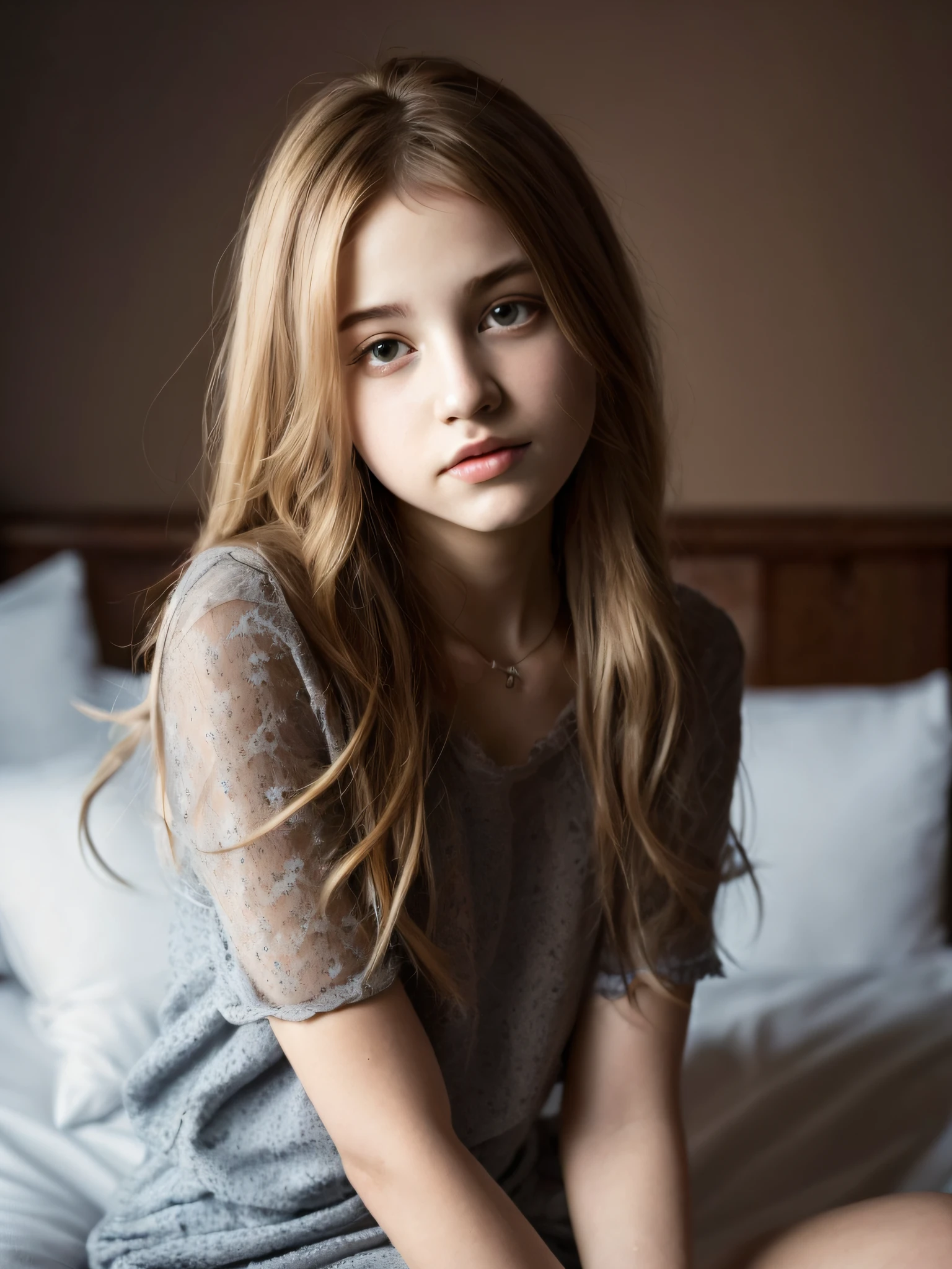 Porträt einer 18 Jahre alten süßen schönen Petite Teen mit perfektem Gesicht, Sie ist glücklich, sehr schöne russische, Roh, im Bett, (dunkles privates Arbeitszimmer, dunkles und stimmungsvolles Licht: 1.2)