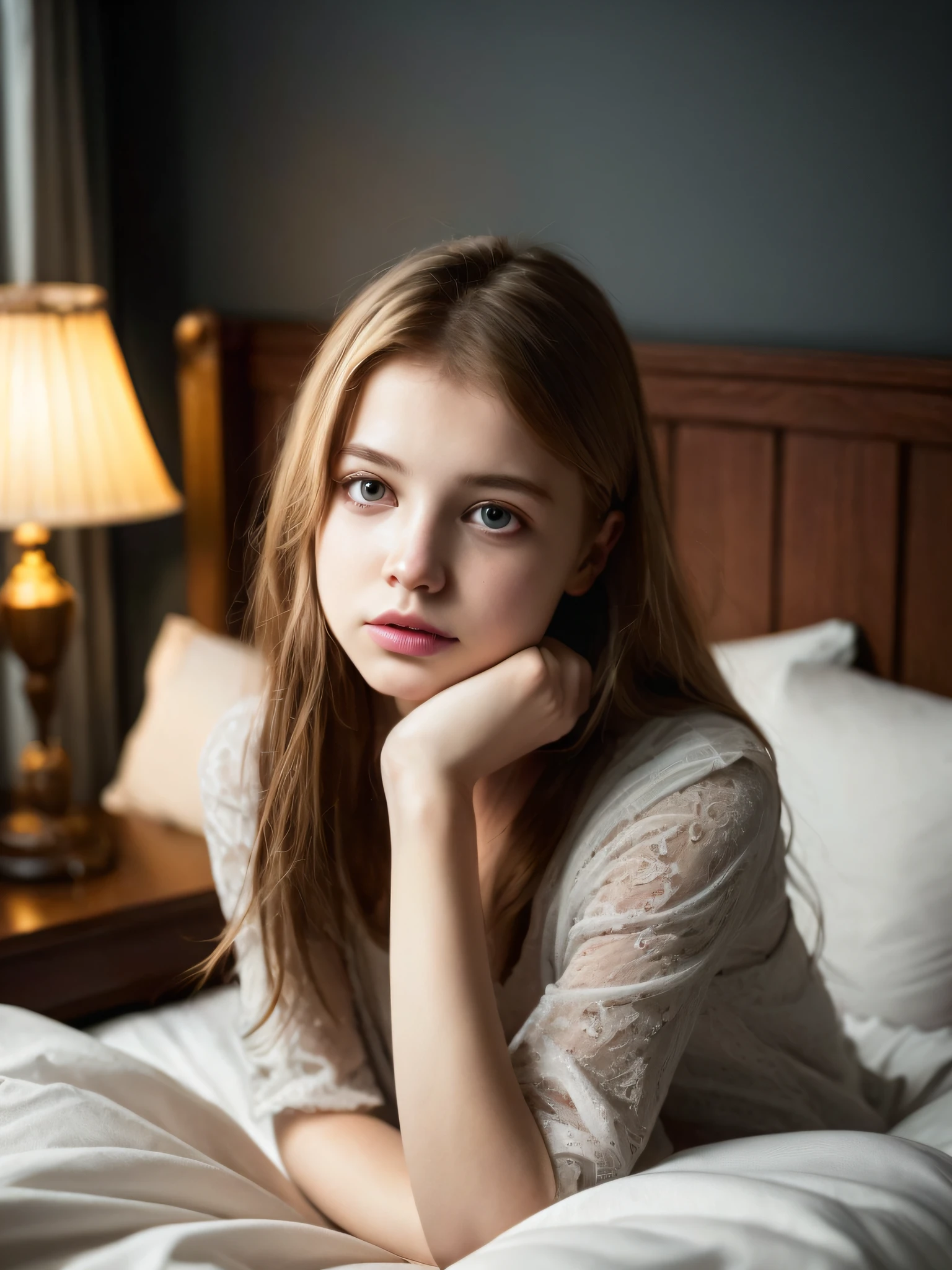 一個 18 歲可愛美麗完美臉小青少年的肖像, 她很開心, 非常漂亮的俄羅斯人, 生的, 在床上, (黑暗的私人書房, 黑暗而喜怒無常的光線: 1.2)