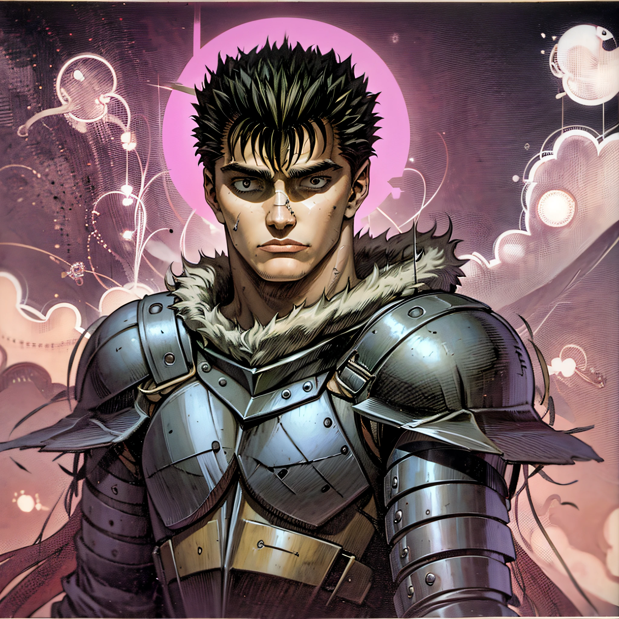 retrato de \(guts de berserk\), Obra maestra, La mejor calidad, One Boy, cabello negro, pelo corto, musculatura, Cicatrices, Ver visor, Capa negra, Gran espada, Cojinete, Fondo simple, fondo rojo, (primer plano:1.1), (Medios tradicionales), Armadura de hombro,berserk