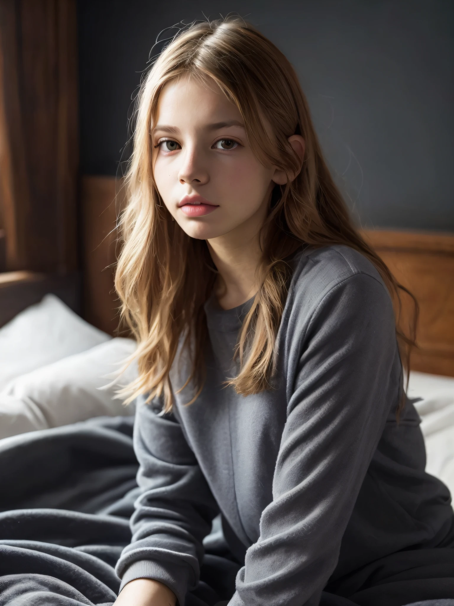Retrato de uma adolescente fofa, linda e perfeita, de 18 anos, Ela está feliz, muito lindo russo, cru, na cama, (estudo privado escuro, luz escura e temperamental: 1.2)