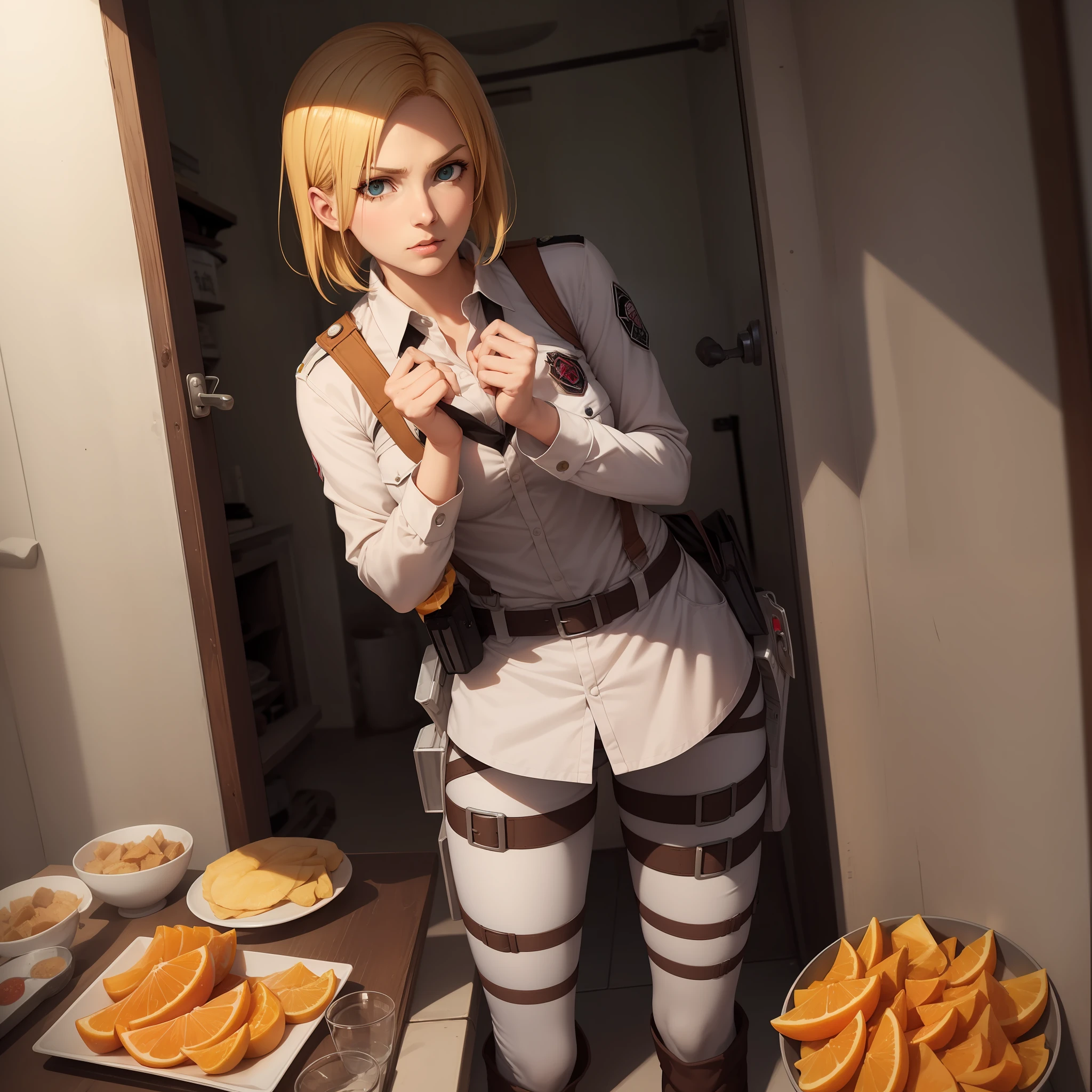 annie leonhart,Attack on titan, prision, tome, prisoner uniform, orange uniforms, presa dentro da tome, sitting, looking at camera, he would be, chills