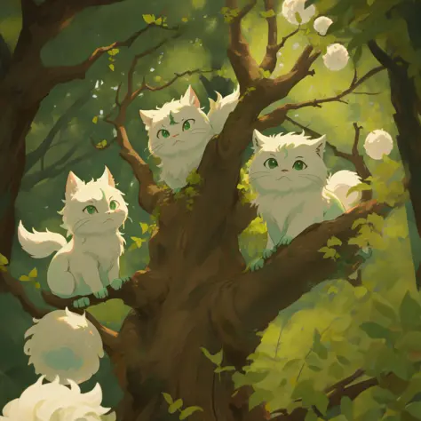 fluffy cute ball that is a forest, luminescent light green eyes, various shades of green fluff, branches, bark, alive, masterpie...