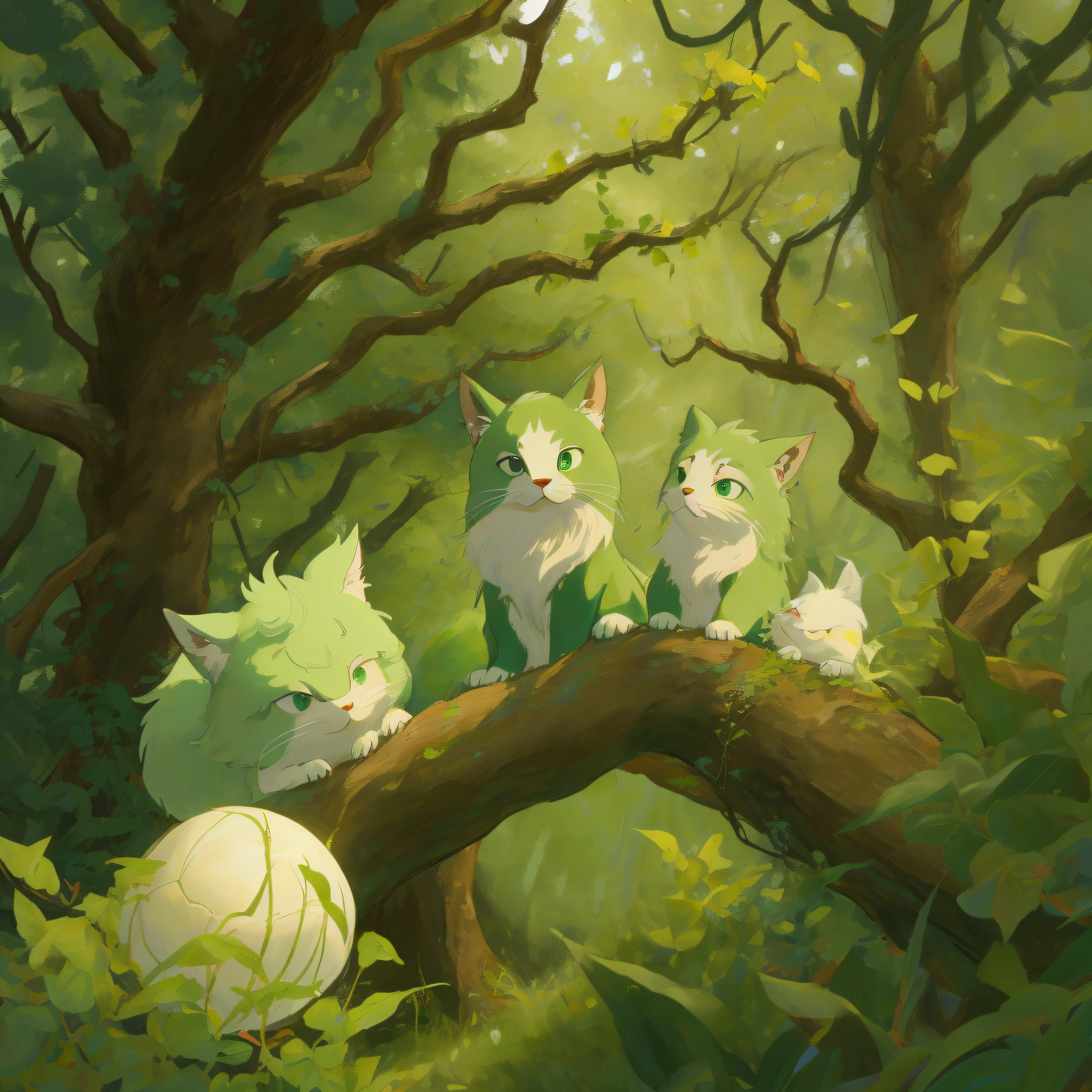 Fluffy cute ball that is a forest, luminescent light green eyes, various shades of green fluff, branches, bark, alive, masterpiece, best quality, ((In Studio Ghibli style))