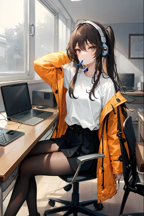 hu tao, 1girls, 独奏, ((whiteshirt)), 独奏, parka, headphones, the background is the basement, black eyes, slong hair, looking the v...