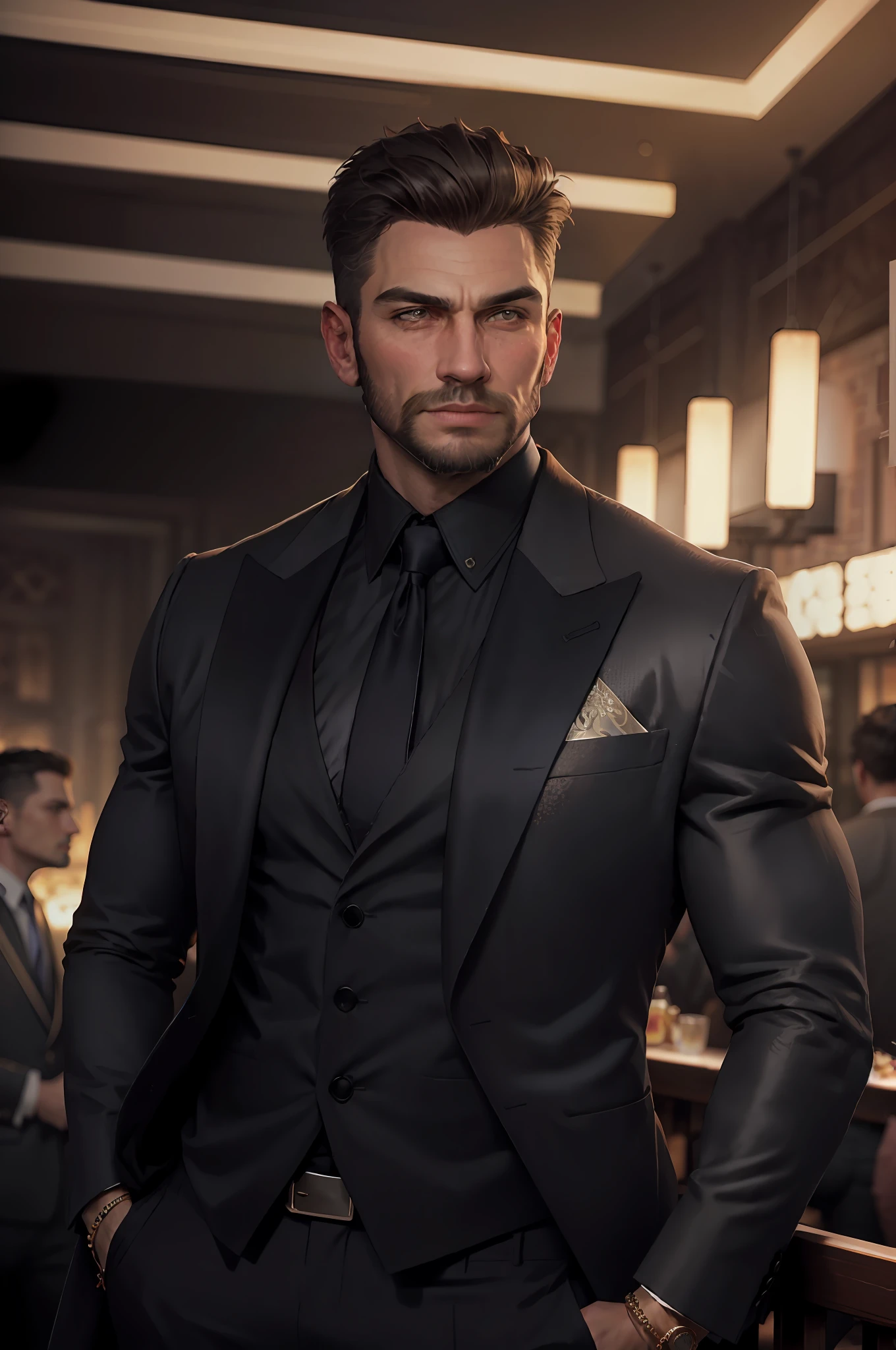 Realistic (muscular man: 1.1) mob boss, with an intricate elegant black suite, portrait, short hair, profiled beard, jewelry, in a nightclub, spot scene lighting, detailed background, intricate details, (illustration), masterpiece, high resolution, best quality.