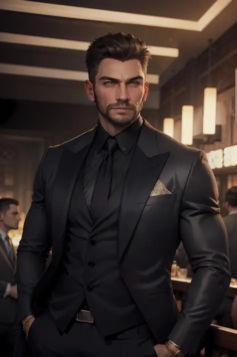 Realistic (muscular man: 1.1) mob boss, with an intricate elegant black suite, portrait, short hair, profiled beard, jewelry, in...