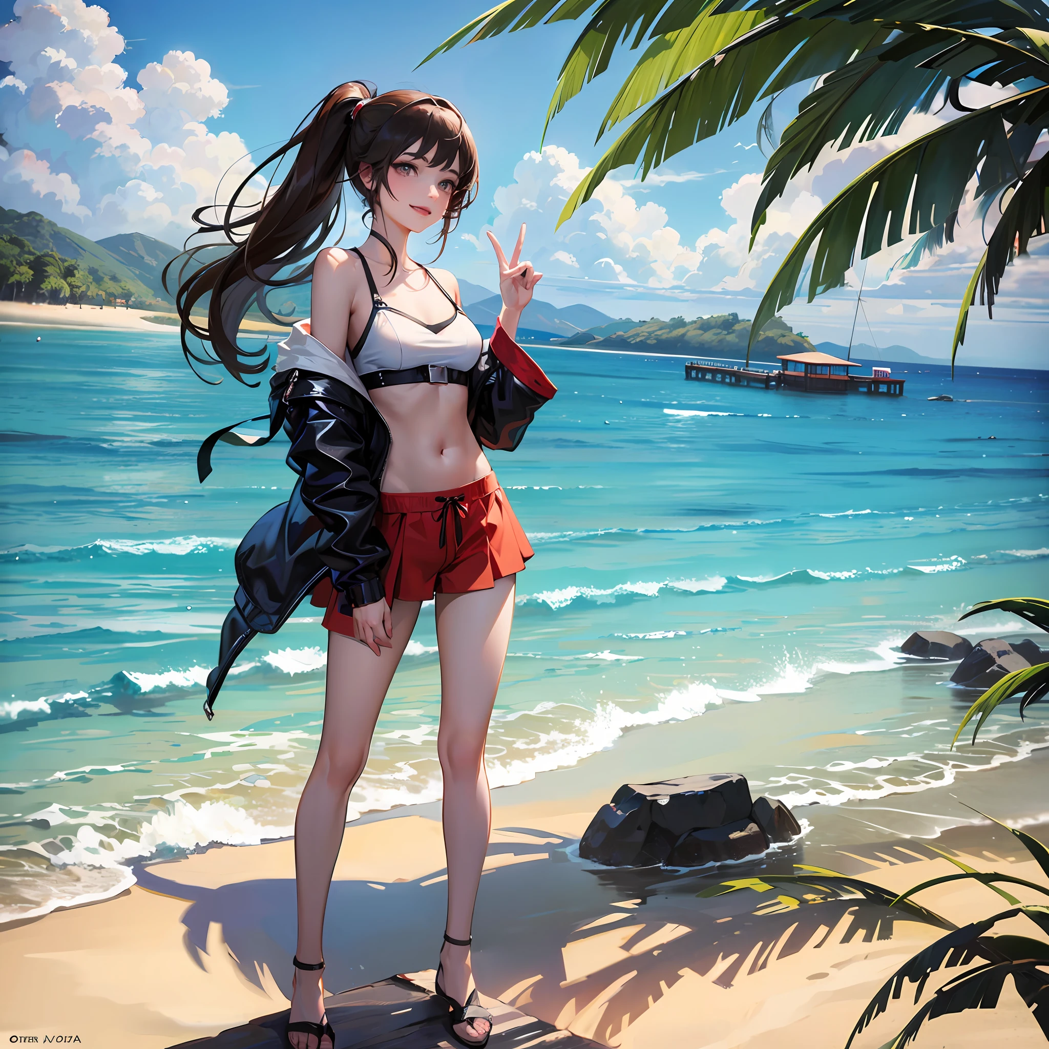 Anime girl in bikini posing on the beach with palm trees - SeaArt AI