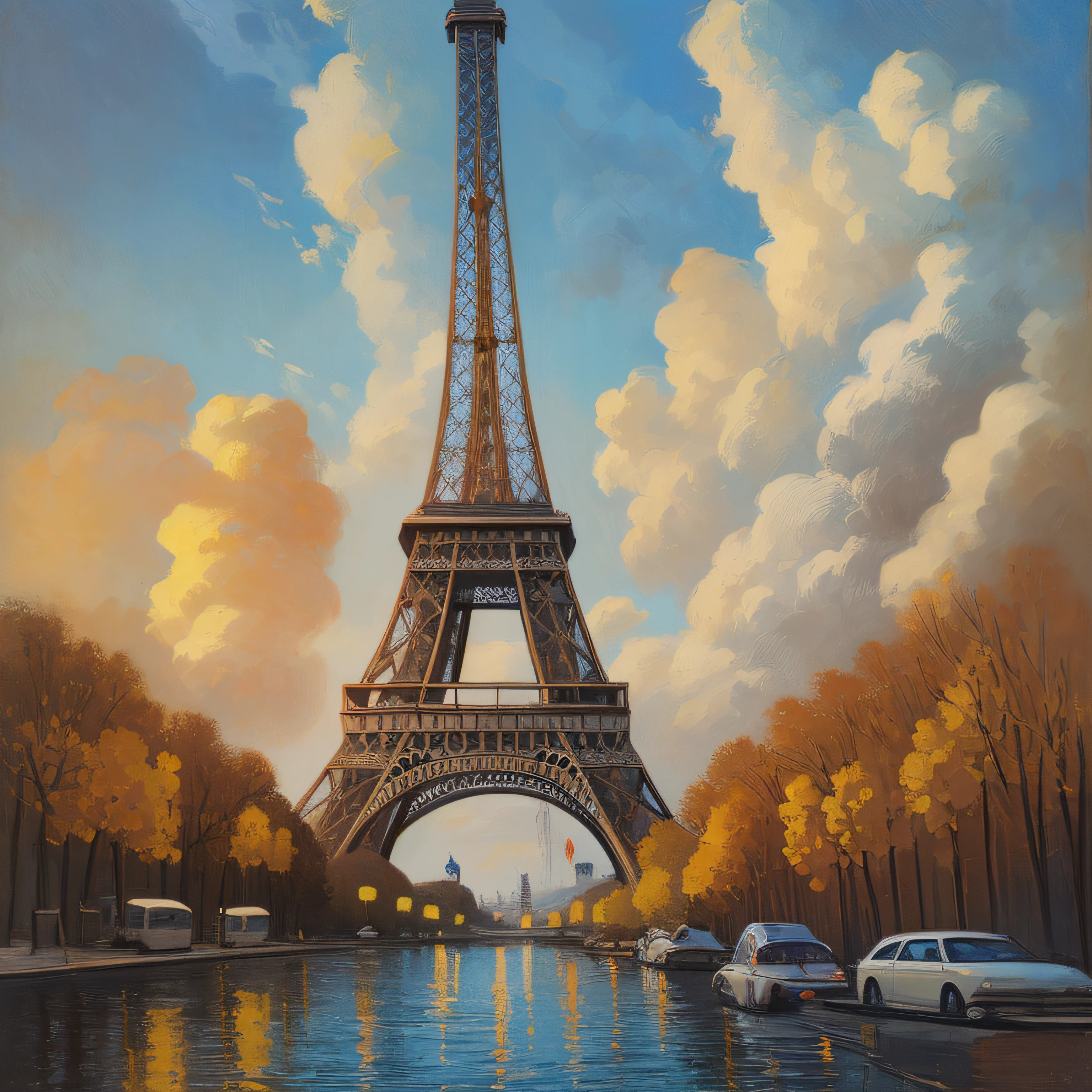 Vintage eiffel tower，illustation，floral in background, shiny colors, realism in detailed vintage scene atmosphere, details Intricate, severe clear