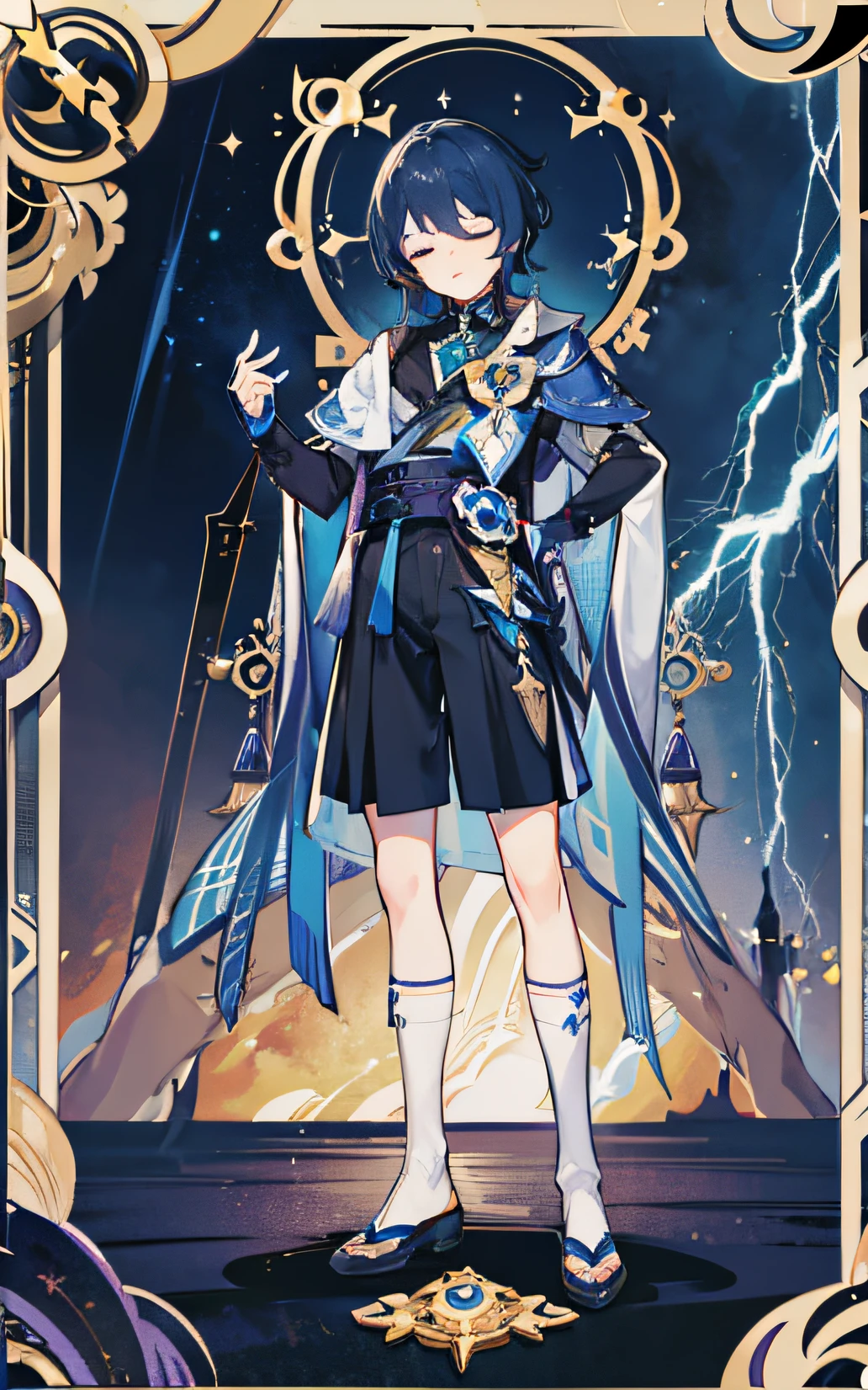 Wanderer , tarot card, Lightning background, arms crossed, standing up, Full-length, Genshin Impact, um homem, 独奏, blue hair, eyes closed, calm face, Good quality, Best Quality, gold background, purplebackground, character in the middle, legs standing together,, 1boy,