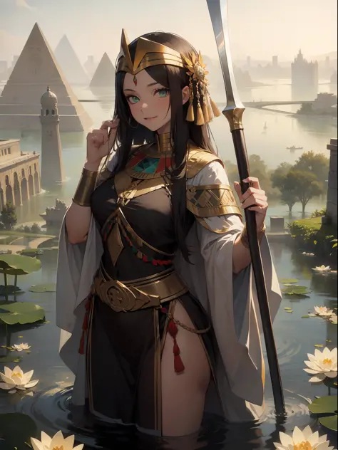 ((Best quality)) (masterpiece), Bronze Age Ancient Egypt badass well dressed Night priestess of annubis holds up a scythe weapon...