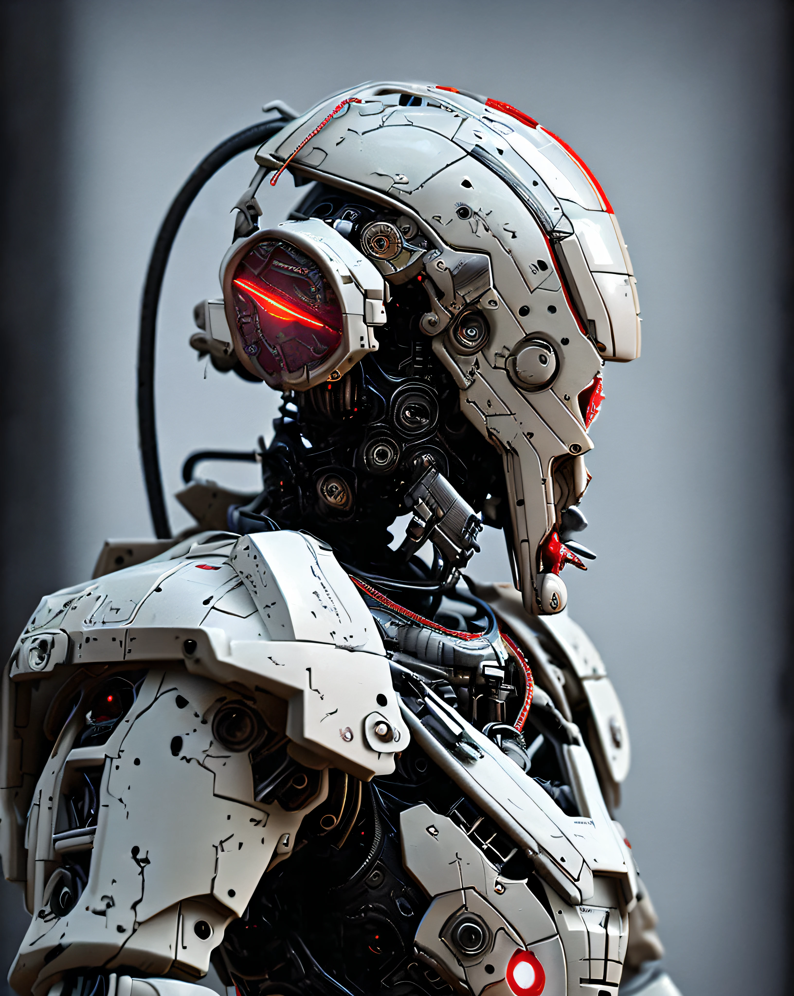 dv機甲, 85毫米, F1.8, 機器人肖像, 黑暗的 Matte Smooth Ceramic, 複雜的設計, 非常詳細, 精細的細節, 極度銳利的線條, 電影燈光, 逼真的照片, 詳細的傑作, 黑暗的_幻想, 賽博朋克 ,(链锯,链锯 man,紅色的:1.1),1人,机械奇迹, MARPAT 機器人存在, 控制論軍事監護人, 穿著破舊的機甲套裝,錯綜複雜,(钢金属 [生鏽的]),優雅的,清晰的焦點, 格雷格魯特科斯基拍攝, 柔和的燈光, 鮮豔的色彩, 傑作, ((街道)), 牛仔射擊, 動態姿勢, 
都市武士_v0.3