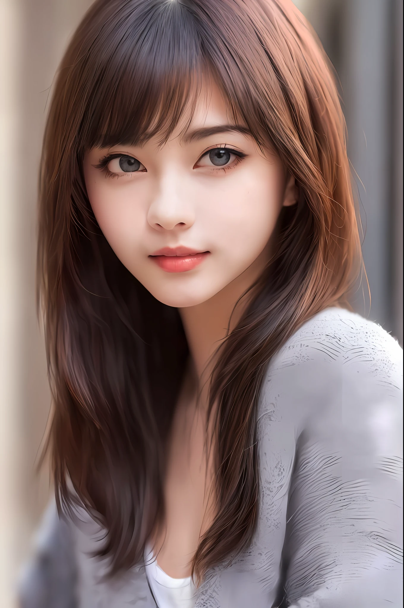 1 girl, crowd street, natural sunlight, best quality, relaxation, relaxation, an extremely beautiful and beautiful, detailed, CG, unity,8k wallpaper, amazing, fine detail, mastery, best quality Official art, detailed CG Unity 8k wallpaper, ridiculous, unbelievably ridiculous, huge file size, super detailed, high resolution, very detailed, beautiful detailed girl, very detailed eyes and face, beautiful detailed eyes, (RAW photo, best quality), (realistic, photo realism: 1.3), light face, full body, full body, black jacket, (triangle face), (light brown hair: 1), long hair, (large) eyes), ((puffy eyes)), ((small breasts)), (fantasy breasts)), (Kpop idol), (aegyo sal), bangs, (wall background)), blank wall, skinny, (eyes), (swelling), happy, looking at the audience, facing forward