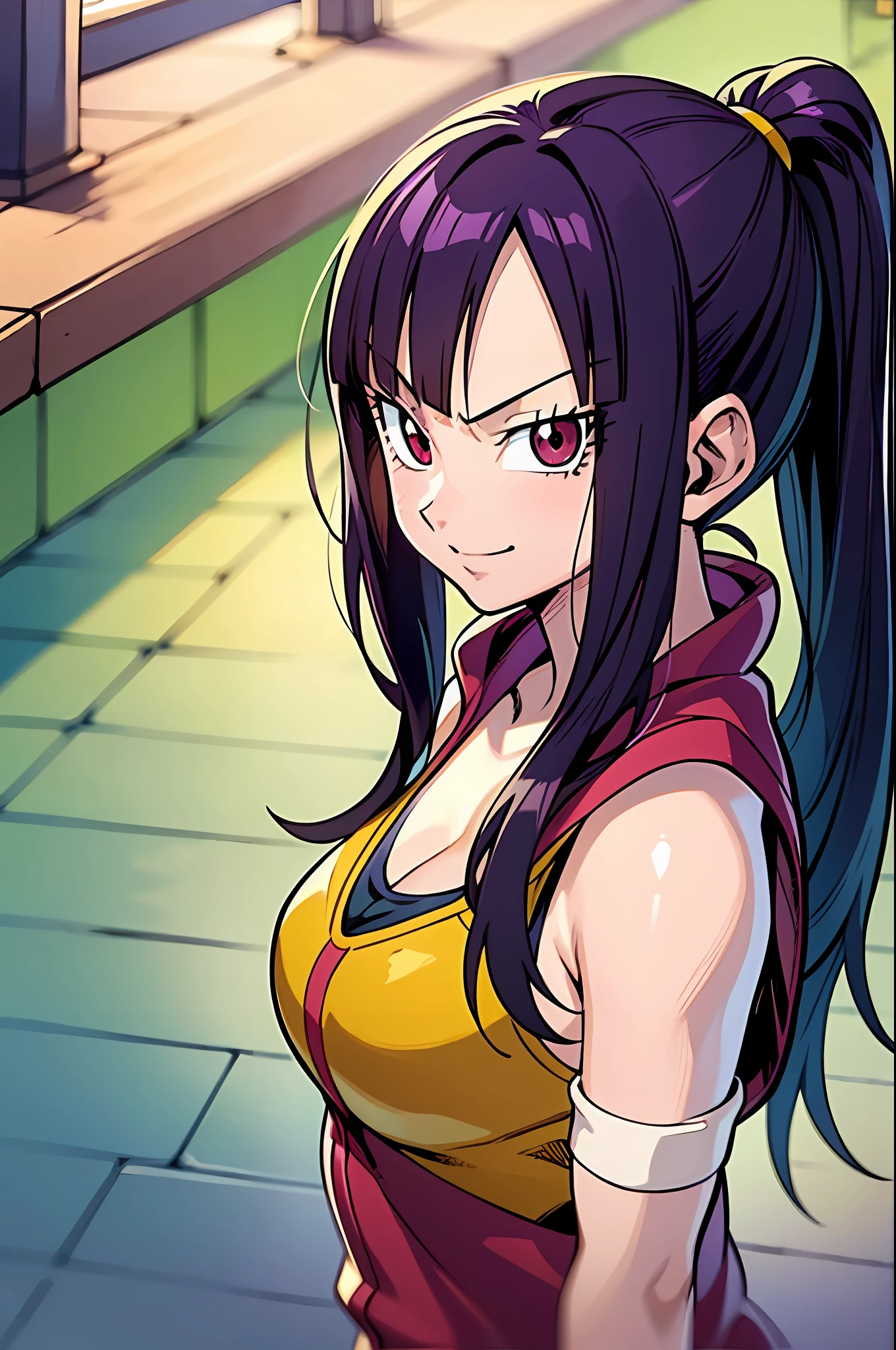 1 garota, sorriso leve, olhos vermelhos e cabelo roxo em um rabo de cavalo gêmeo, (estilo de anime dragon ball z e fairy tail), (ilustrado por Akira Toriyama e Hiro Mashima), (mistura de estilo), Lucy Heartfilia, andróide18