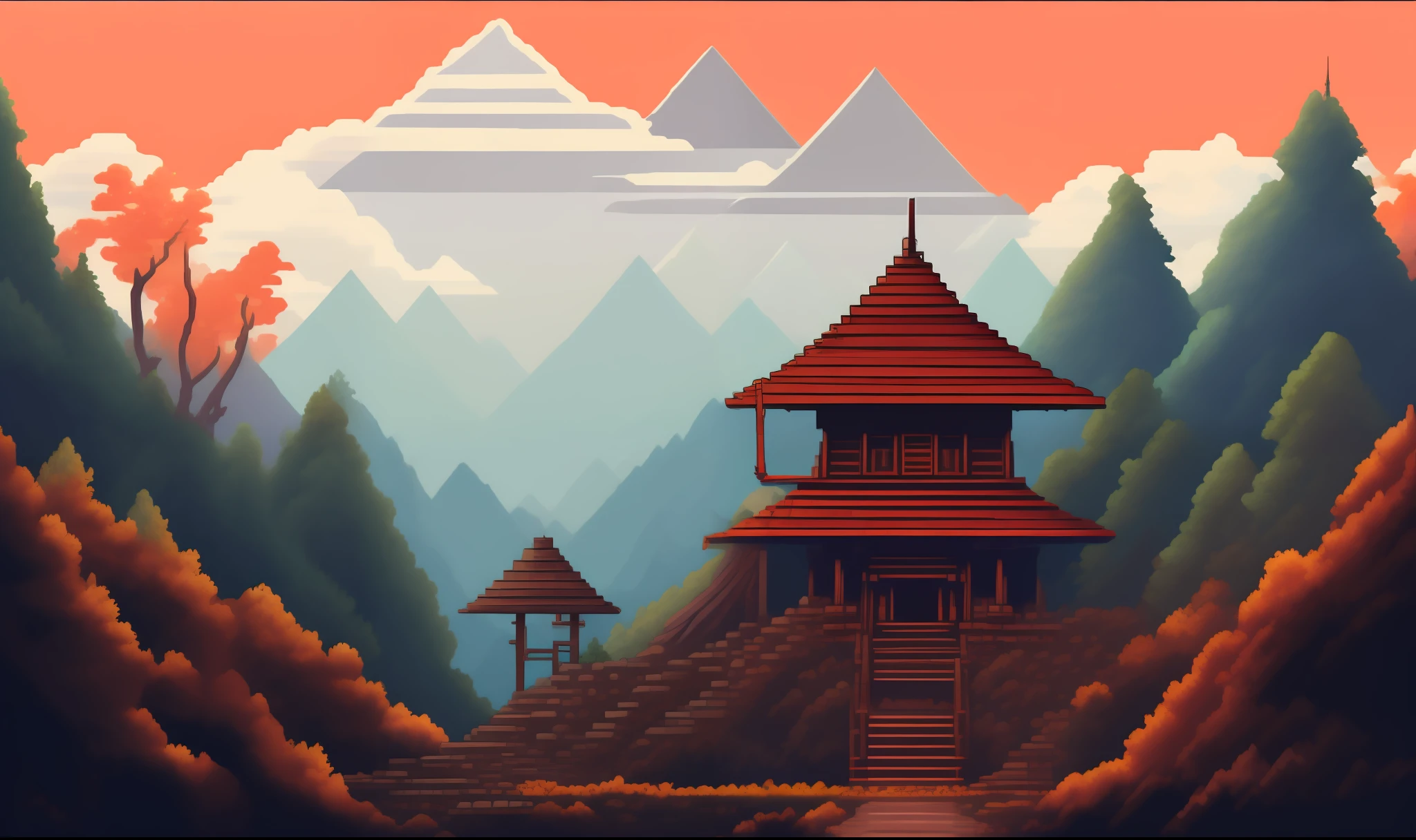 Portada del videojuego pixelart Arte de un samurai parado frente a un templo japonizante con montañas en la distancia, estilo pixelart