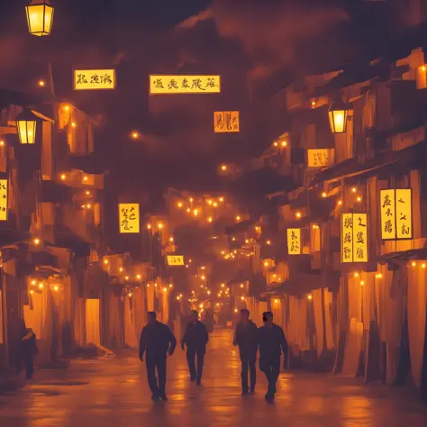 A town covered in smoke、Rough town with many tall chimneys々Nice view、The rough nature of the village with many orange lanterns l...
