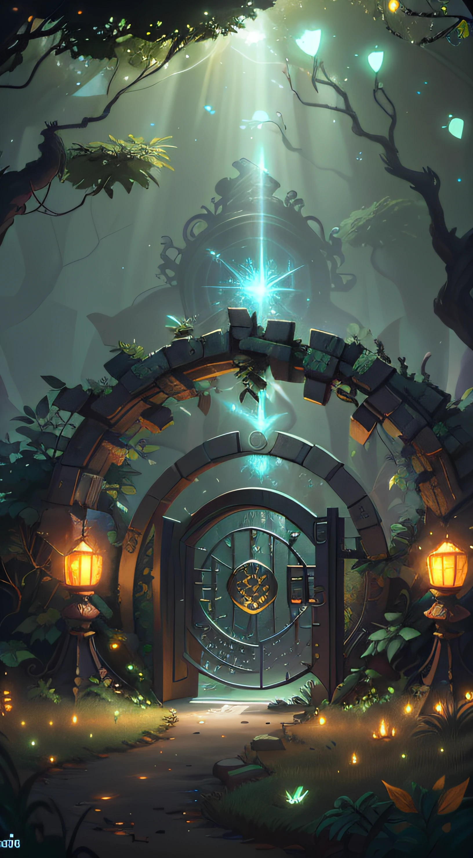 (Digital Artwork:1.3) of (Sketched:1.1) octane render of a mysterious dense forest with a large (magical:1.2) gate (portal:1.3) to the eternal kingdom, The gate frame is designed in a round shape, surrounded by delicate leaves and branches, with fireflies and glowing particle effects, (UI interface frame design), (natural elements), (jungle theme), (square), (leaves) , (twigs), (fireflies), butterflies, (delicate leaves), (glow), (particle effects, light engrave in intricate details, (light particle:1.2), (game concept:1.3), (depth of field:1.3), global illumination,Highly Detailed,Trending on ArtStation