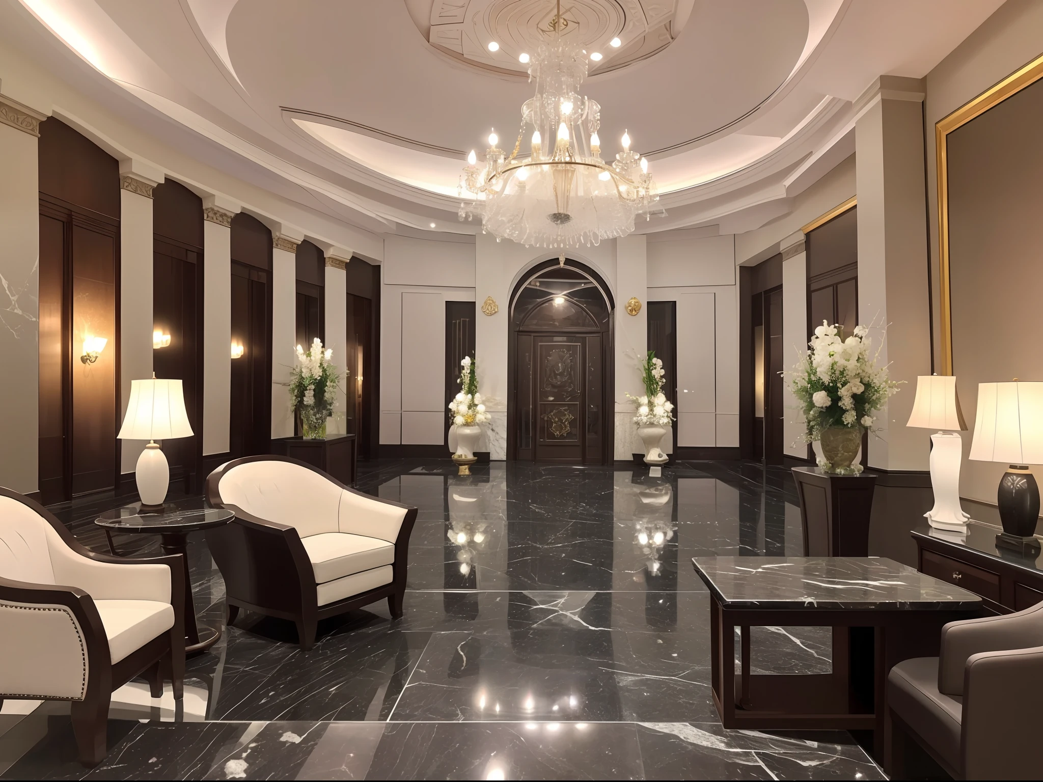 luxury lobby of arab style 5 stars hotel, white and black marble, Detalles dorados, exotic lacked fornitures, Beezfull Weitress en el escritorio, 8k, Foto de alta calidad, natural  lighting, simetric view, Vista espectacular