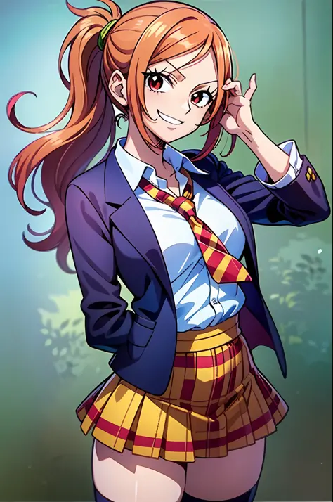 light smile, schoolgirl attire, white blouse with yellow jacket, green striped tie, red plaid skirt, red eyes and red hair in a twin ponytail, (style of one piece and fairy tail anime), (illustrated by Eiichiro Oda and Hiro Mashima), (style mixing), Lucy H...