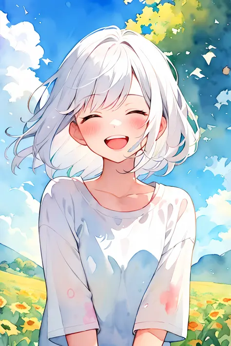(watercolor:1.2), watercolor, 1girl, solo, smile, closed eyes, sky, open mouth, cloud, blue sky, white hair, blush, shirt, bangs...