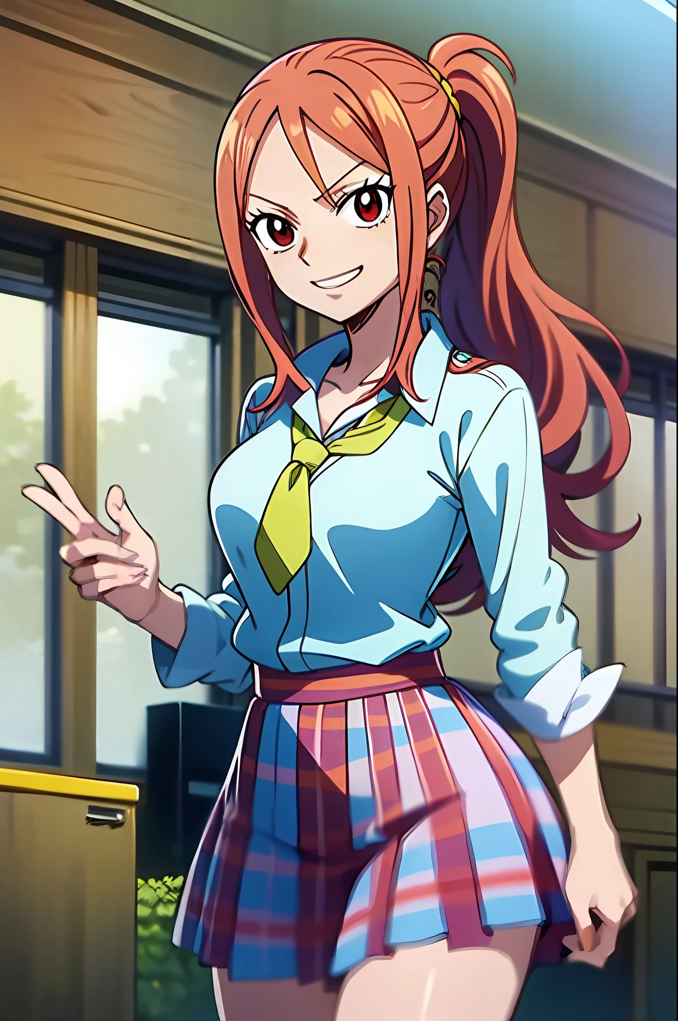 light smile,  attire, white blouse with yellow jacket, green striped tie, red plaid skirt, red eyes and red hair in a twin ponytail, (style of one piece and fairy tail anime), (illustrated by Eiichiro Oda and Hiro Mashima), (style mixing), Lucy Heartfilia, Nami