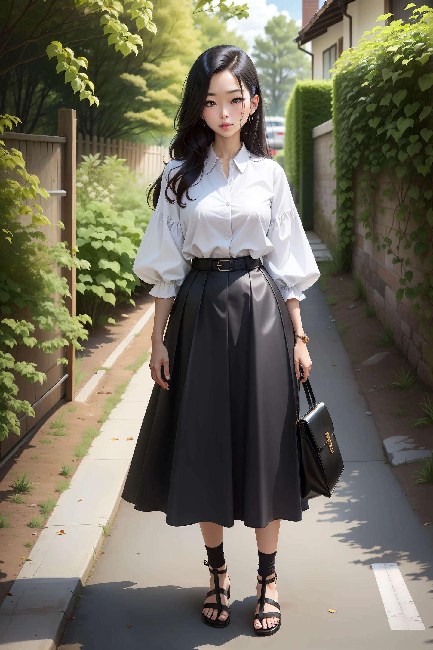 A woman in a white shirt and black skirt is standing on a street ...